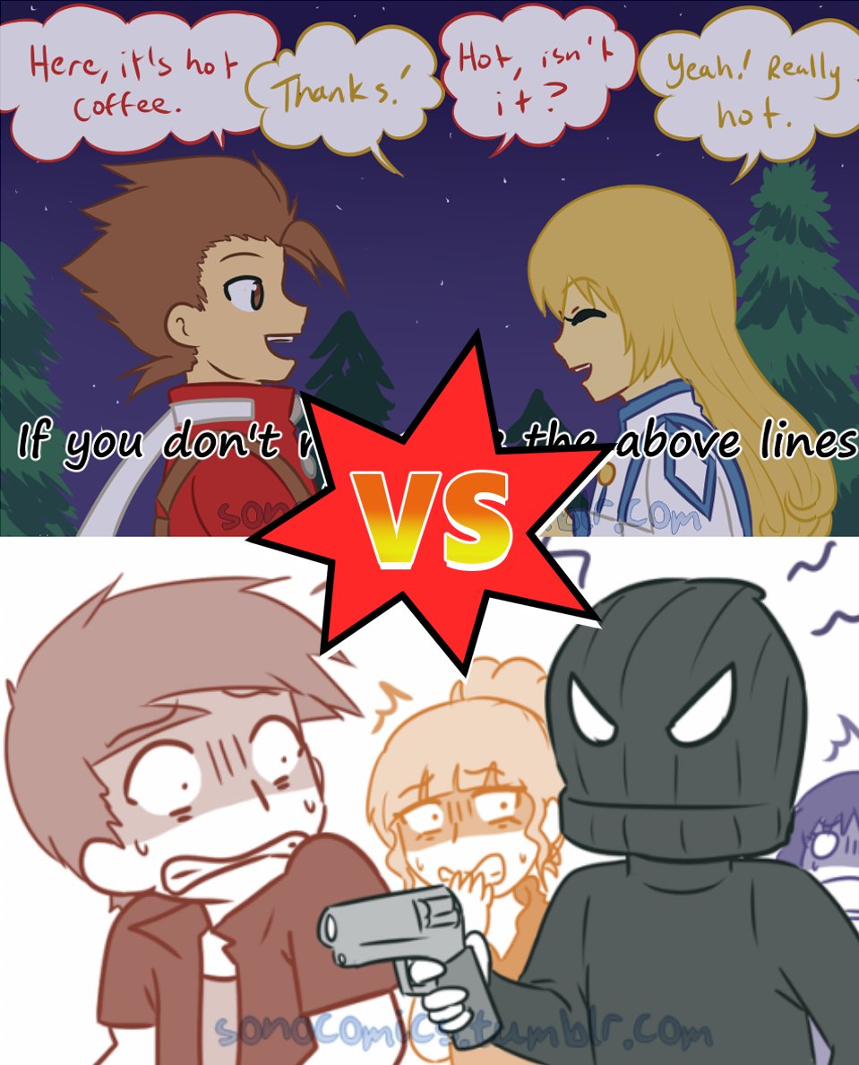 MATCH: Not Coffee (Tales of Symphonia) sonocomics.tumblr.com/post/162284459… VS No Cutting (IRL) sonocomics.tumblr.com/post/163605063… Here’s the strawpoll: strawpoll.com/7rnzm01wayO Be sure to vote within the next two days!