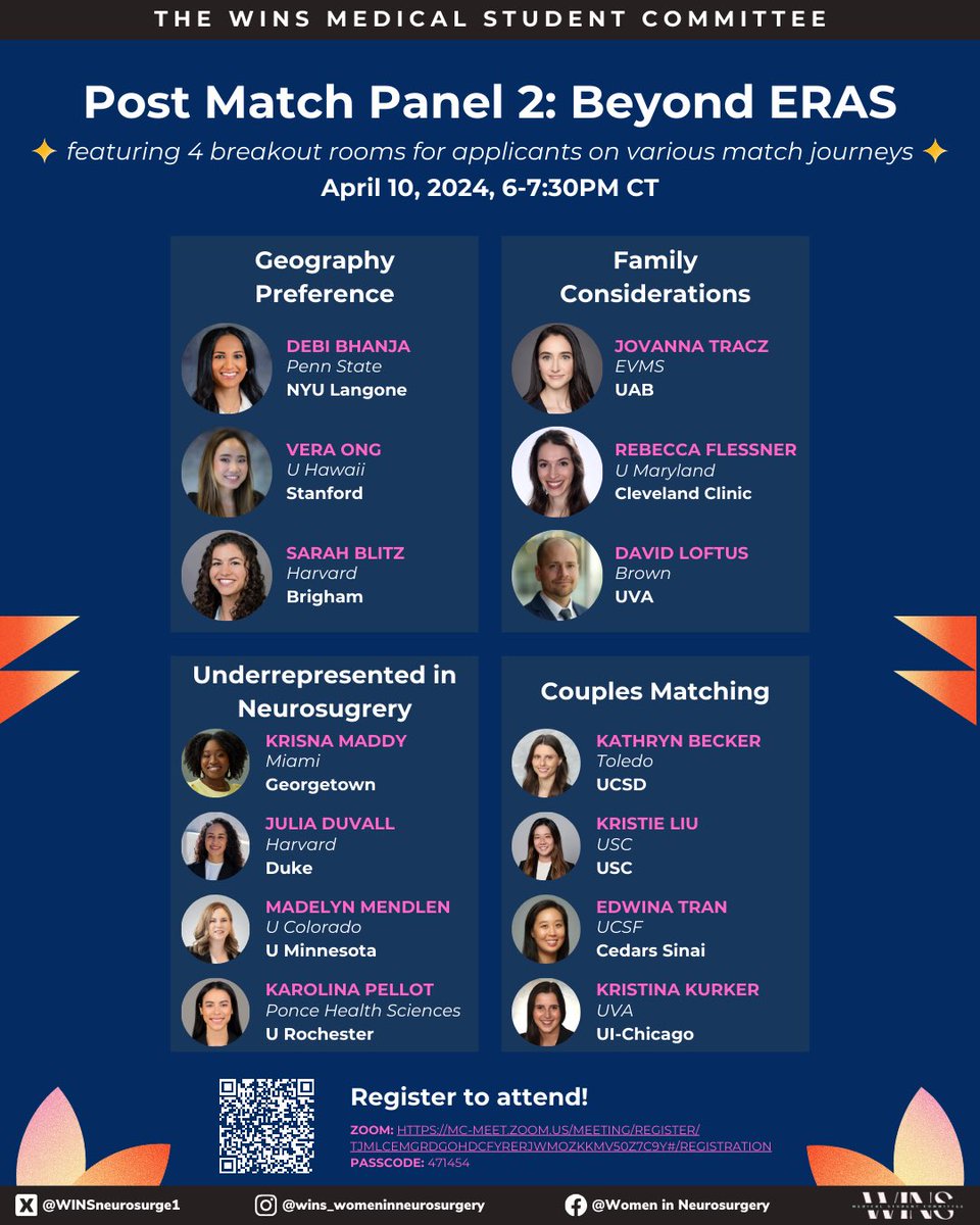 Only 4 days until our final Post-Match Panel of 2024⏰ Tune in to hear how these panelists successfully navigated this journey! 4 breakout rooms will be available for detailed discussions and Q&A! #Neurosurgery #Match2024 #Match2025 #WomenInNeurosurgery