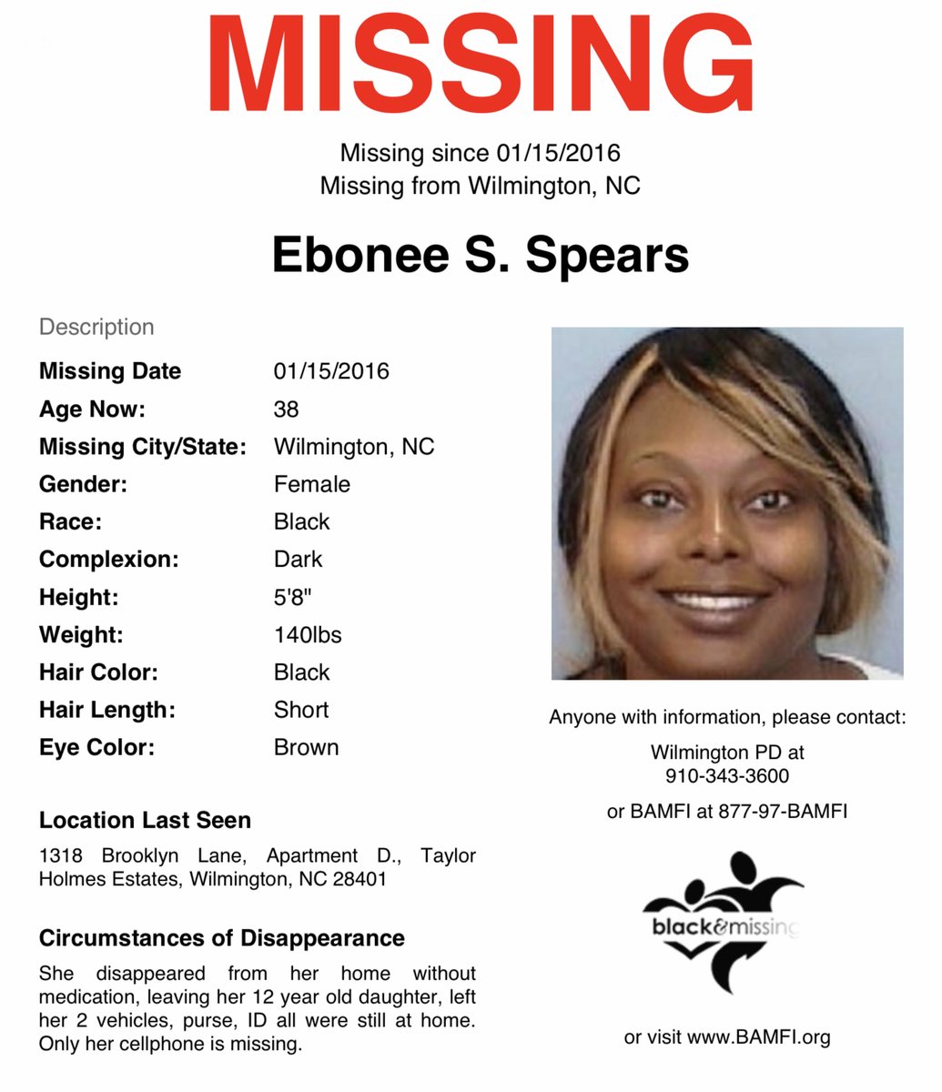 #Wilmington, #NorthCarolina: Ebonee Spears is STILL #missing. Ebonee, then 30y/o, was last seen on January 15, 2016. Her belongings were left behind in her Wilmington home. Do you have a tip that can lead to Ebonee’s safe return home? #HelpUsFindEboneeSpears #EboneeSpears