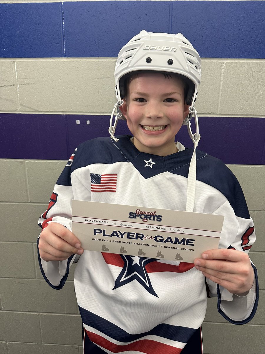 YEL 2013 Blue Army > MN Lakers (6-3) Eli Angerman (1G/2A) was named @GeneralSportsMN POTG. Eli gets his skates sharpened 5x at GS for free.