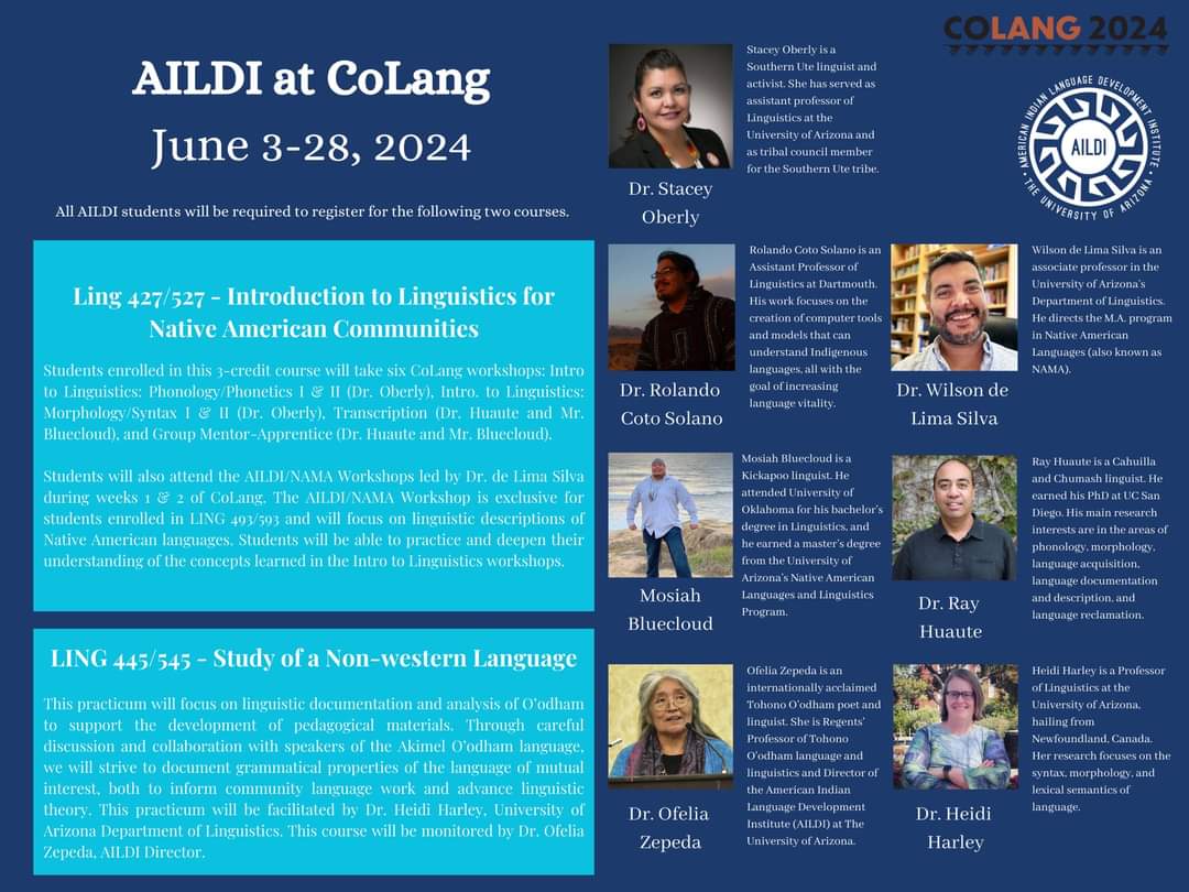 We are pleased to announce that registration for AILDI's Summer Session 2024 is now open! This Summer, we will be working in collaboration with CoLang, ASU, and the O'odham-Piipaash language program.

To register, check out our website here:
aildi.arizona.edu/summer-session…