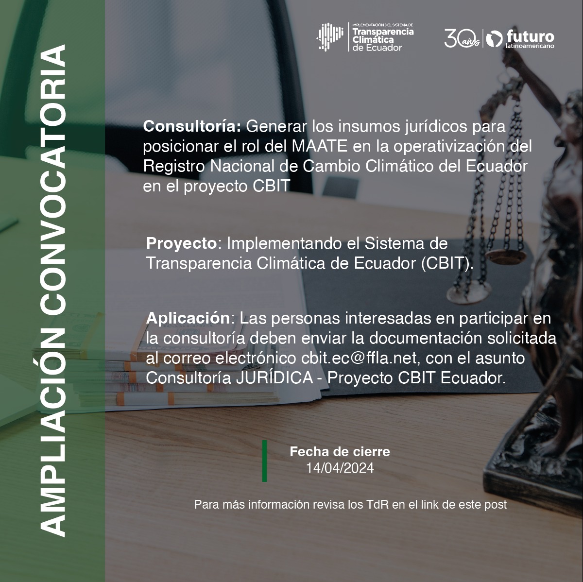 FuturoLatinoame's tweet image. #OportunidadFFLA | 📢 ‼️Ampliación de consultorías‼️

🤝 Se parte del #Proyecto #CBIT #Ec y postula a estas ofertas laborales ✨️🚀

✅ Revisa los TdR: bit.ly/3TPj2tT
🗓 Hasta: 14-04-2024

✅ Revisa los TdR: bit.ly/43QjY5U
🗓 Hasta: 17-04-2024