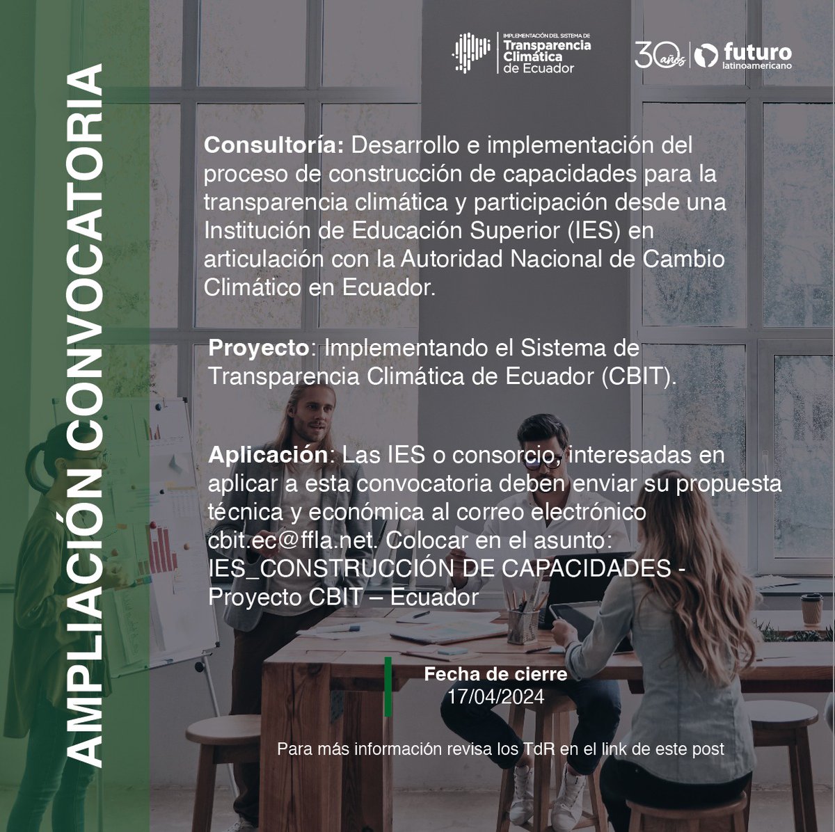 FuturoLatinoame's tweet image. #OportunidadFFLA | 📢 ‼️Ampliación de consultorías‼️

🤝 Se parte del #Proyecto #CBIT #Ec y postula a estas ofertas laborales ✨️🚀

✅ Revisa los TdR: bit.ly/3TPj2tT
🗓 Hasta: 14-04-2024

✅ Revisa los TdR: bit.ly/43QjY5U
🗓 Hasta: 17-04-2024