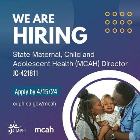🚨 @capublichealth is hiring a State Maternal, Child and Adolescent Health Director, who oversees strategic planning, policy & programming priorities that advance maternal, child & adolescent health equity. Learn more & apply by 4/15: calcareers.ca.gov/CalHrPublic/Jo…