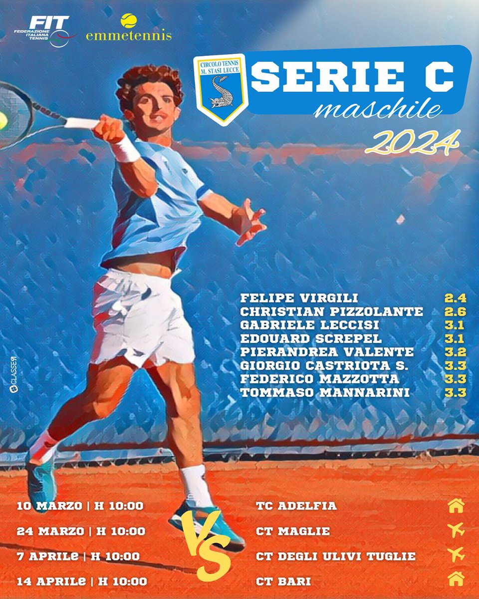 Quarta giornata del Campionato a Squadre di Serie C maschile 2024: il Circolo Tennis “Mario Stasi” Lecce affronta il CT Tuglie.
#Lecce #Tennis #CTLecce #CTLecceLife #TennisPlayer #TennisTeam #TennisChampionship #SerieC #SerieCMaschile #LecceTennis #SalentoTennis