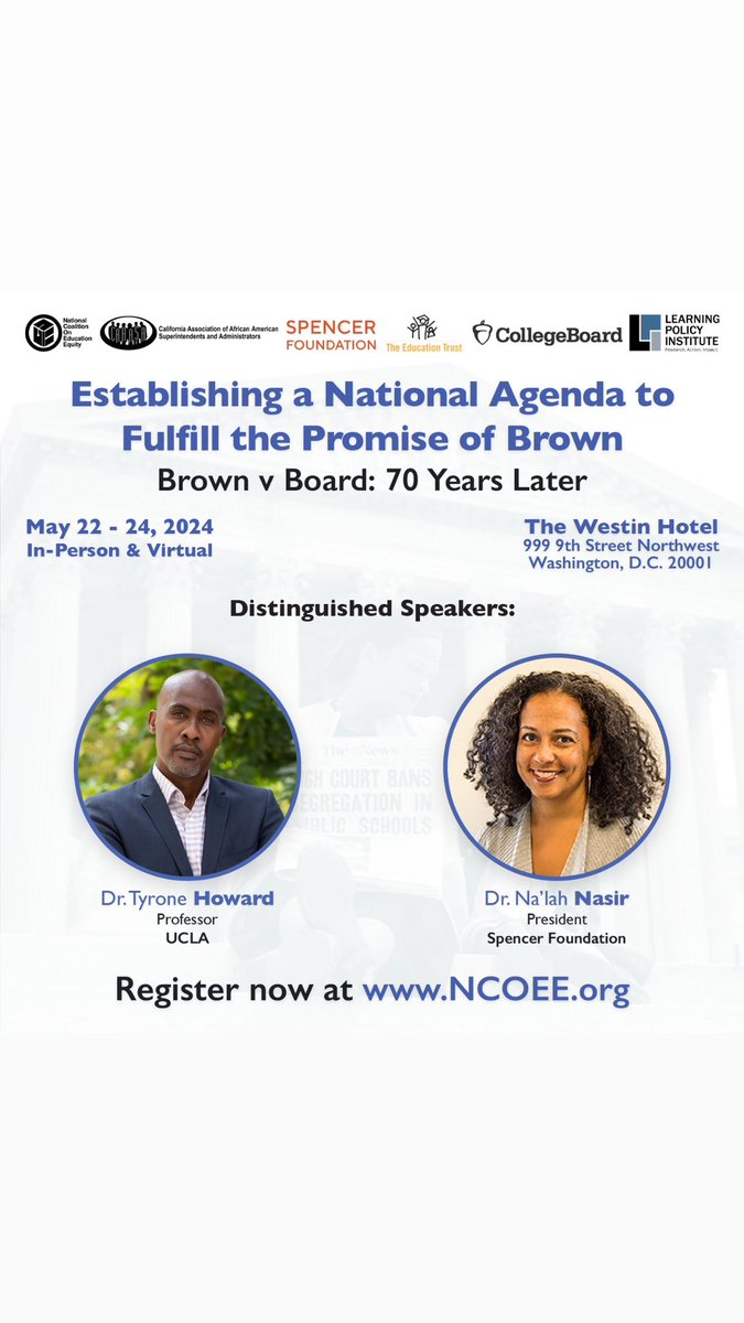 📢 Calling all education change makers! Join us in D.C. May 22nd-24th for 70th Anniversary Brown v. Board Conference. From inspiring keynotes to thought-provoking sessions, this conference is a must-attend event. Register today at NCOEE.ORG . #CAAASAEquity