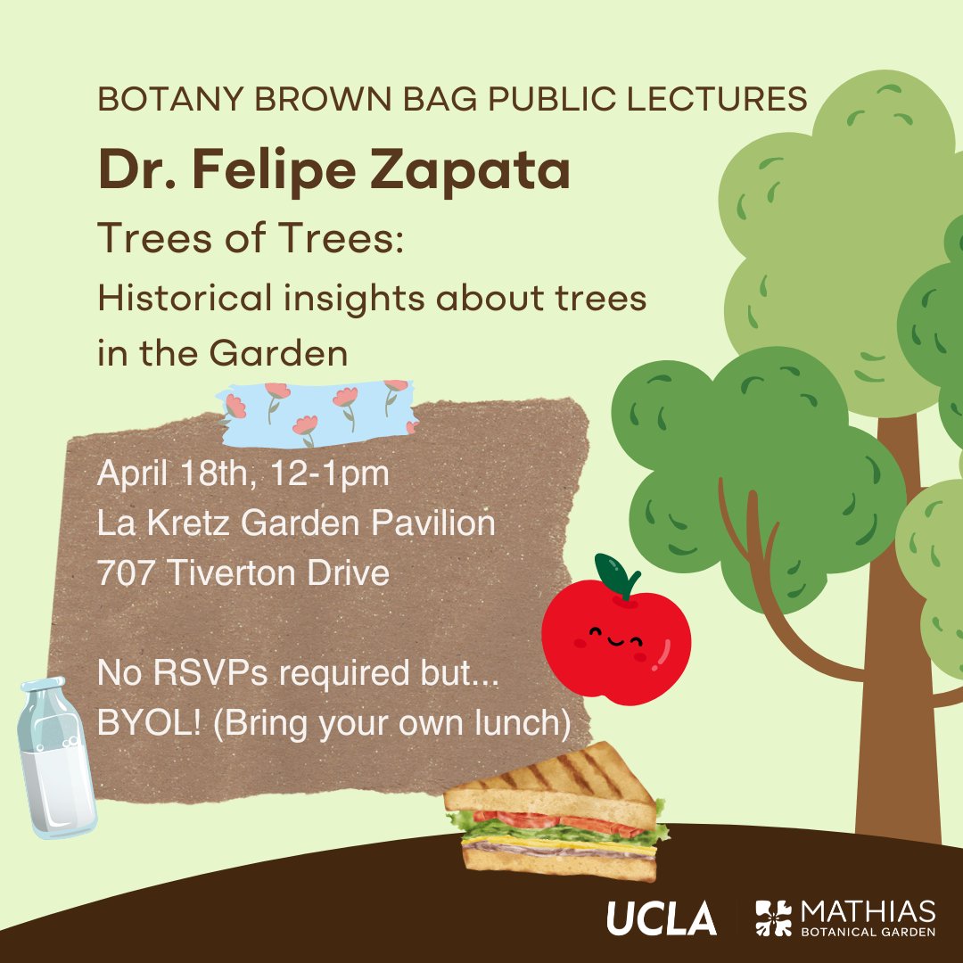 We're thrilled to have Dr. Felipe Zapata to share with us historical insights about trees in our Garden. 🌳 Stop by at 12pm on April 18th and bring your own lunch to learn with us! 🥙 🍎 botgard.ucla.edu/event/botany-b…