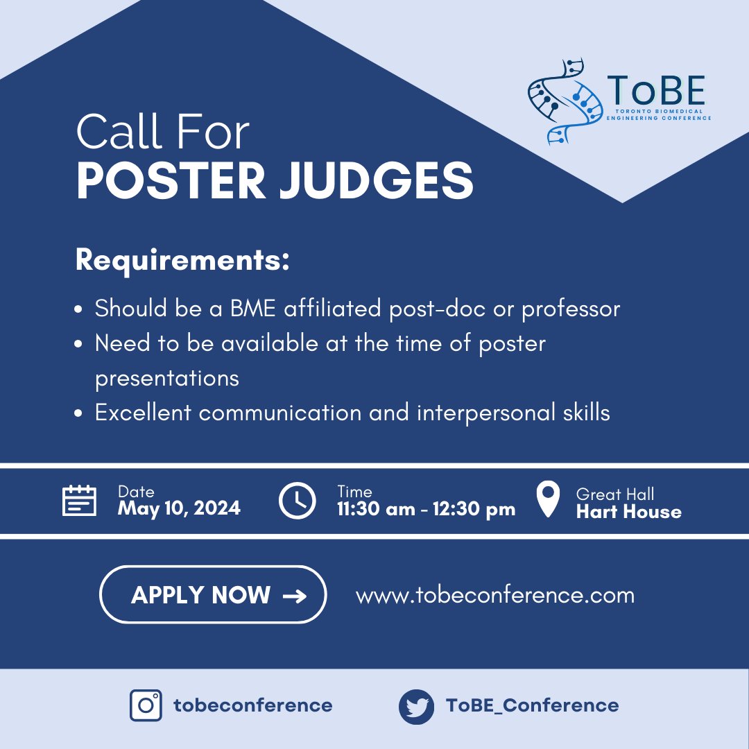 Post-docs and Profs wanted!! Please volunteer to become a poster judge at #ToBE2024. Apply on our website or using the link below: docs.google.com/forms/d/e/1FAI… @bme_uoft @UofTEngineering @UofT @MilosRPopovi