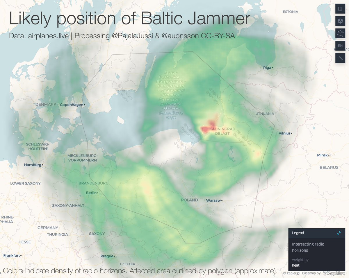 The Baltic Jammer is in Kaliningrad. 5th proof, 3rd method. This time with numbers on likelyhood. We just need a statistician to tell us how sure we are. Surely over 9000. @PajalaJussi computed how many radio horizons of first jammed plane intersect. Here, heatmapped.