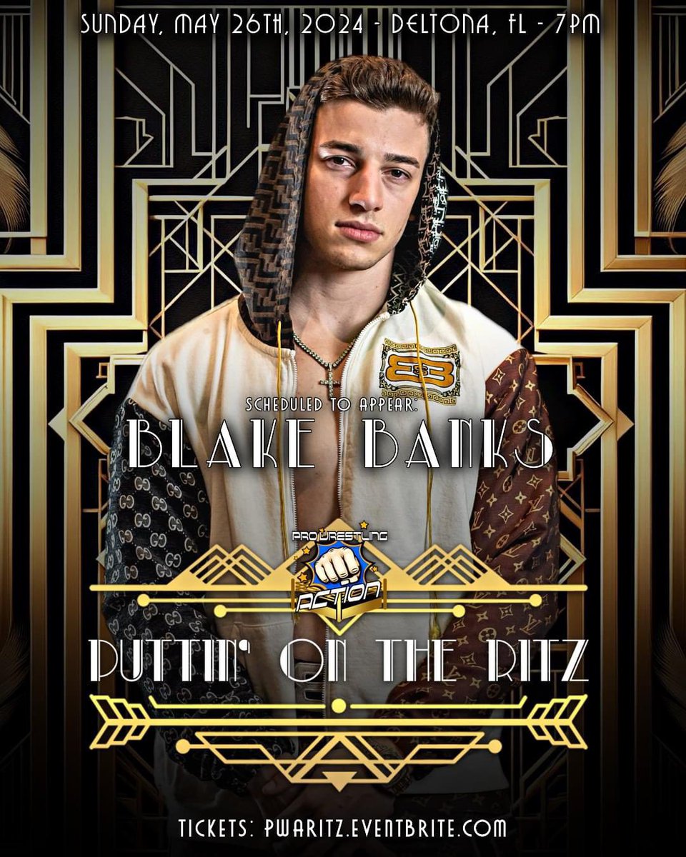 Pro Wrestling Action ๐ฅ (@pwaevents) on Twitter photo โจ ANNOUNCEMENT โจ
Sunday, May 26, 2024
LIVE at The Center at Deltona
6PM Doors | 7PM Showtime
Scheduled to appear: <a href="/BlakeBanksTFK/">Blake Banks</a>
Pro Wrestling Action presents PUTTIN' ON THE RITZ โจ
Tickets are on sale NOW: PWARitz.Eventbrite.com โจ ANNOUNCEMENT โจ
Sunday, May 26, 2024
LIVE at The Center at Deltona
6PM Doors | 7PM Showtime
Scheduled to appear: <a href="/BlakeBanksTFK/">Blake Banks</a>
Pro Wrestling Action presents PUTTIN' ON THE RITZ โจ
Tickets are on sale NOW: PWARitz.Eventbrite.com