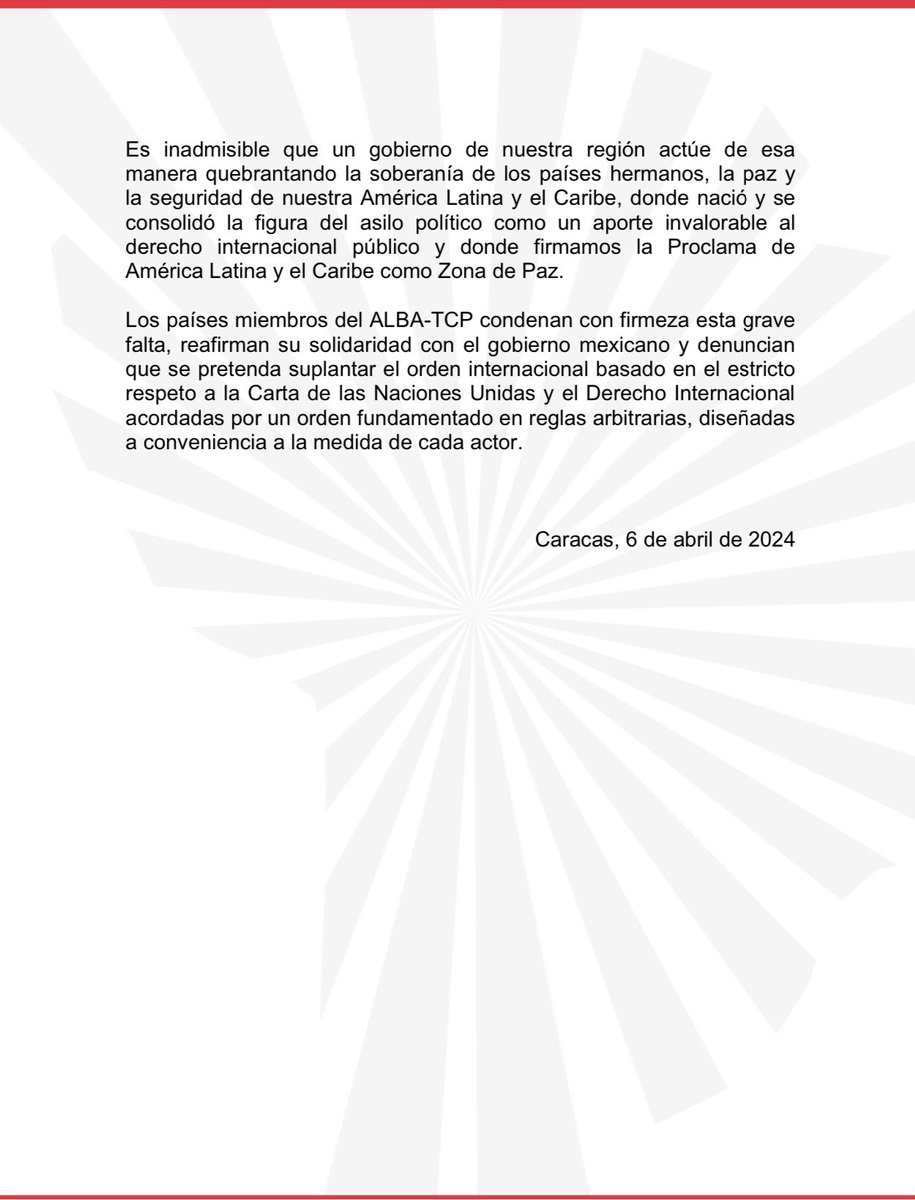 #Comunicado | ALBA-TCP condena los hechos ocurridos en la sede de la Misión Diplomática de los Estados Unidos Mexicanos en Quito

Los países miembros del ALBA-TCP condenan con firmeza esta grave falta, reafirman su solidaridad con el gobierno mexicano...

#6Abril
#México