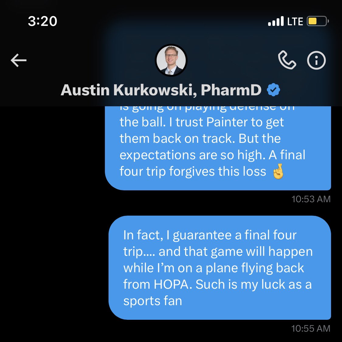 My predicament today: Purdue plays in final four at 6. My flight is at 6:30. And I predicted this would happen….that prediction may have been 2 seasons ago, but still impressive. Jealous of @AustinPharmD and @L_Whited21 and all of Boiler nation in Phoenix. Boiler Up!