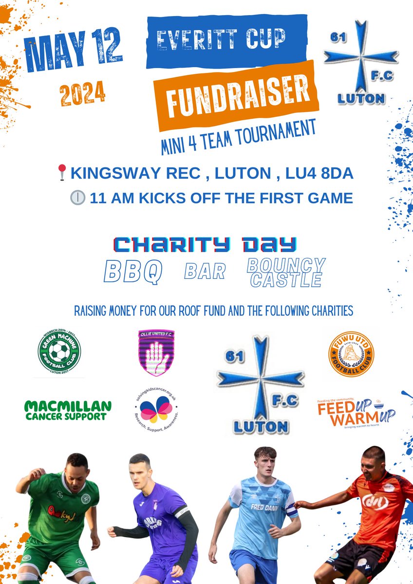 The 61FC (Luton) โฝ (@61fc) on Twitter photo Itโs all confirmed: Everitt Cup
@61fc <a href="/OllieUnitedFC/">Ollie United FC (C)๐</a> <a href="/GreenMachineFo1/">Green Machine Football Club</a> and @fuwufc , playing in a charity tournament, raising money for our roof appeal , <a href="/feedupwarmup/">Feed Up Warm Up</a> <a href="/macmillancancer/">Macmillan Cancer Support</a> & <a href="/SKC_UK/">Solving Kids' Cancer UK ๐</a> .
๐ 12th May
๐ 11am Start
๐ Kingsway Rec , Luton
Come and support #coy1s Itโs all confirmed: Everitt Cup
@61fc <a href="/OllieUnitedFC/">Ollie United FC (C)๐</a> <a href="/GreenMachineFo1/">Green Machine Football Club</a> and @fuwufc , playing in a charity tournament, raising money for our roof appeal , <a href="/feedupwarmup/">Feed Up Warm Up</a> <a href="/macmillancancer/">Macmillan Cancer Support</a> & <a href="/SKC_UK/">Solving Kids' Cancer UK ๐</a> .
๐ 12th May
๐ 11am Start
๐ Kingsway Rec , Luton
Come and support #coy1s