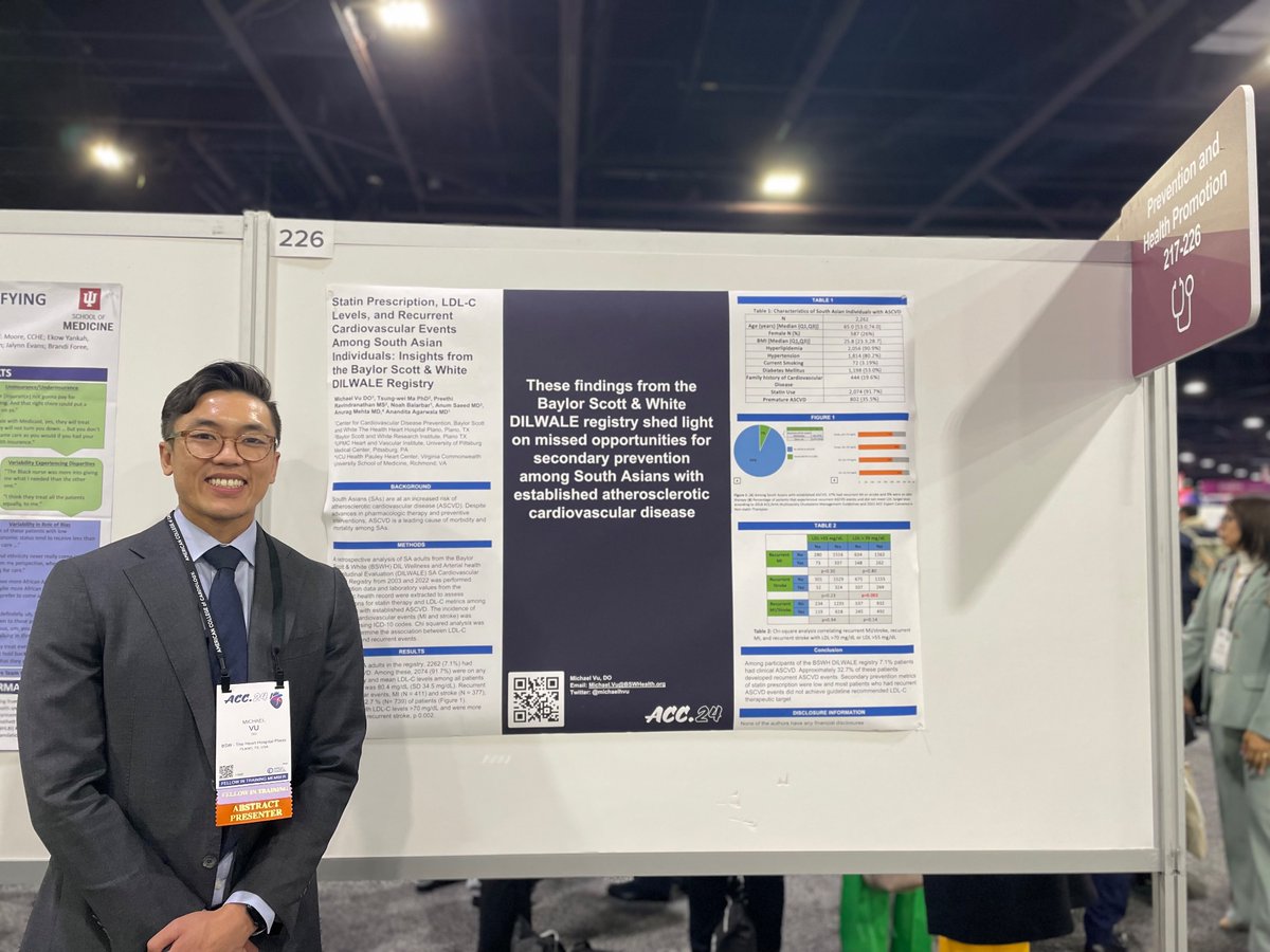 Our very own @HeartPlano fellow @michaelhvu crushed it at his poster session #ACC24 introducing the @bswhealth DILWALE registry of ~32,000 South Asian patients! Stay tuned for more fantastic work coming from the DILWALE registry soon! @jaideeppatelmd