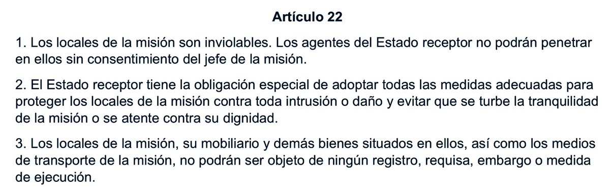 Esto es lo que establece el Artículo 22 de la #ConvencionDeViena en estos tiempos tan baratos en donde política y diplomacia quiere jugar bajo sus propias reglas y entendimientos… 
#Ecuador