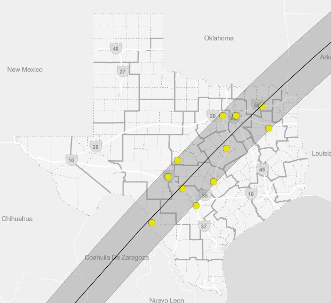 TxDOT's tweet image. Traffic could be heavy before, during and after Monday’s  eclipse. See how close you’ll be to the path of totality with our interactive map: ow.ly/yUcv50R9KV7. And use  ow.ly/a6If50R9KVb for real-time traffic updates. #TXEclipse24 #Eclipse24