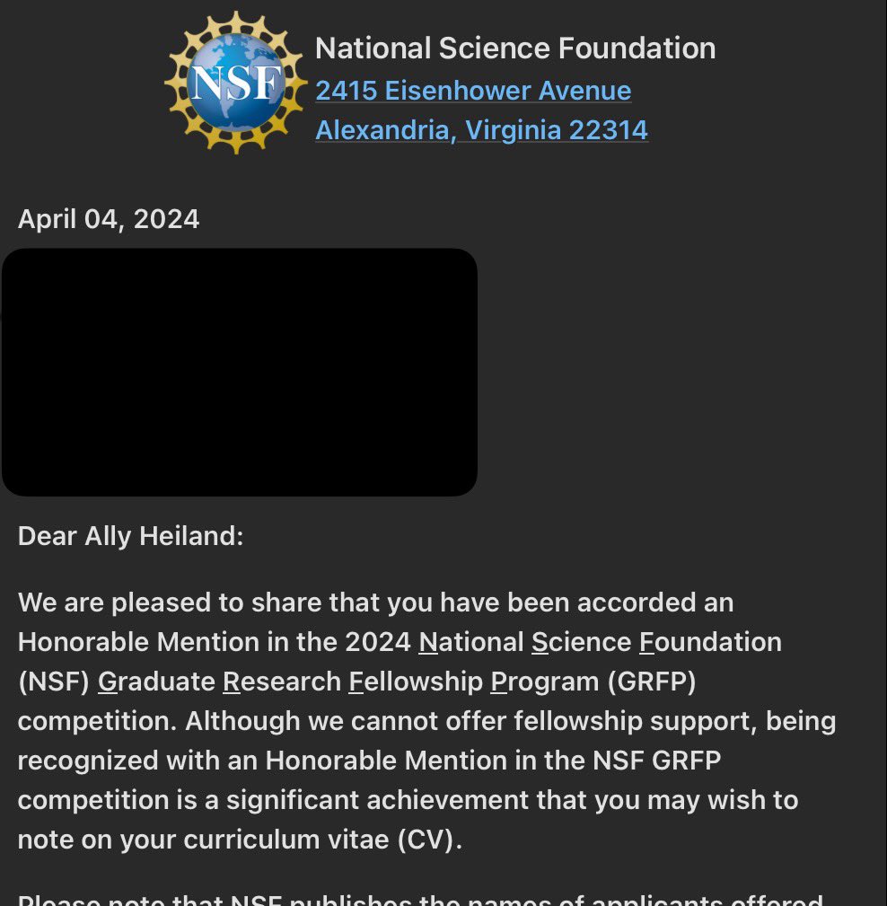 Late to the announcement train, but super excited to have received Honorable Mention for my GRFP proposal this year!! 🍾