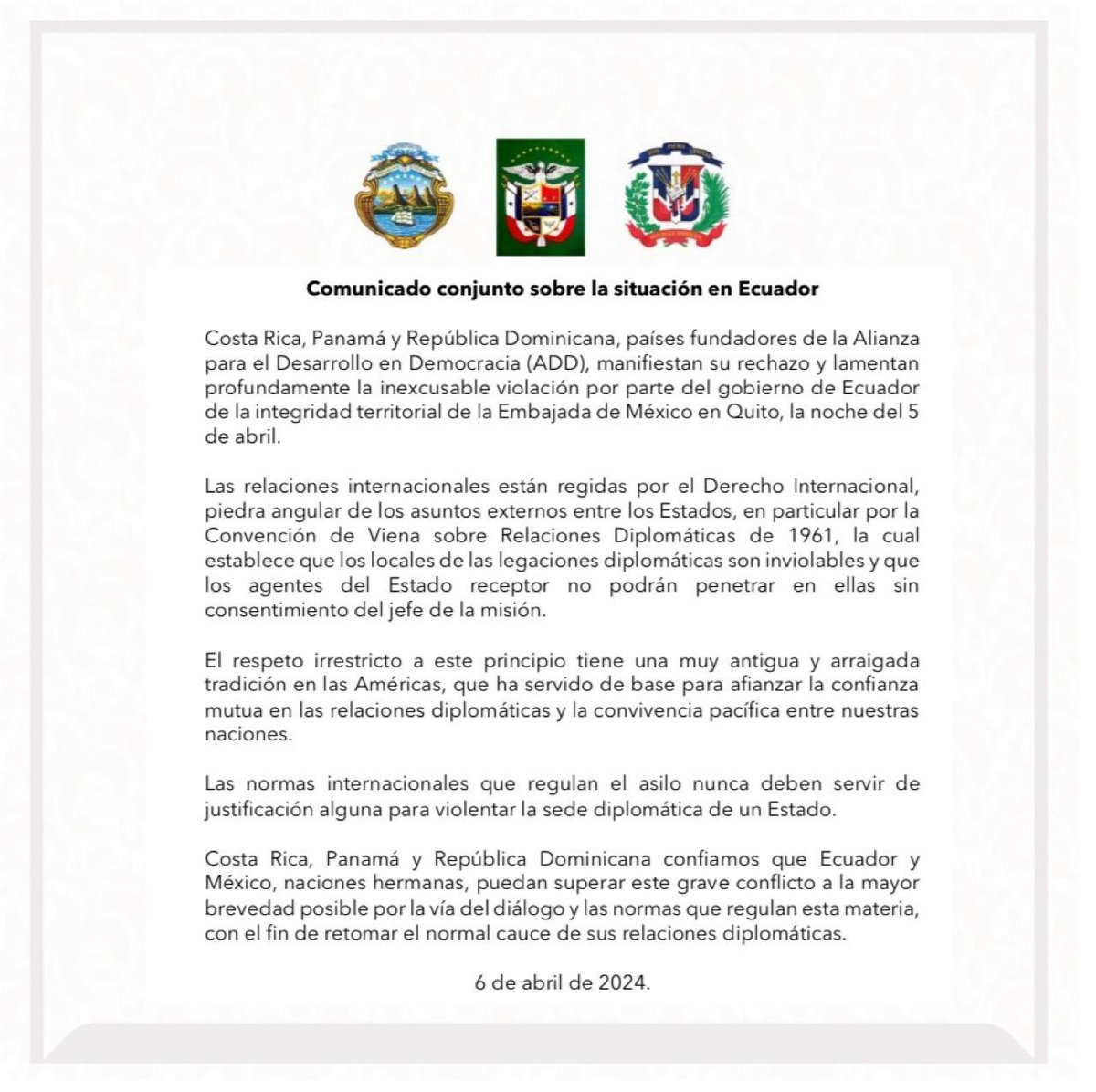 CancilleriaPma's tweet photo. Comunicado conjunto sobre la situación en Ecuador. https://t.co/71WllJkAtB