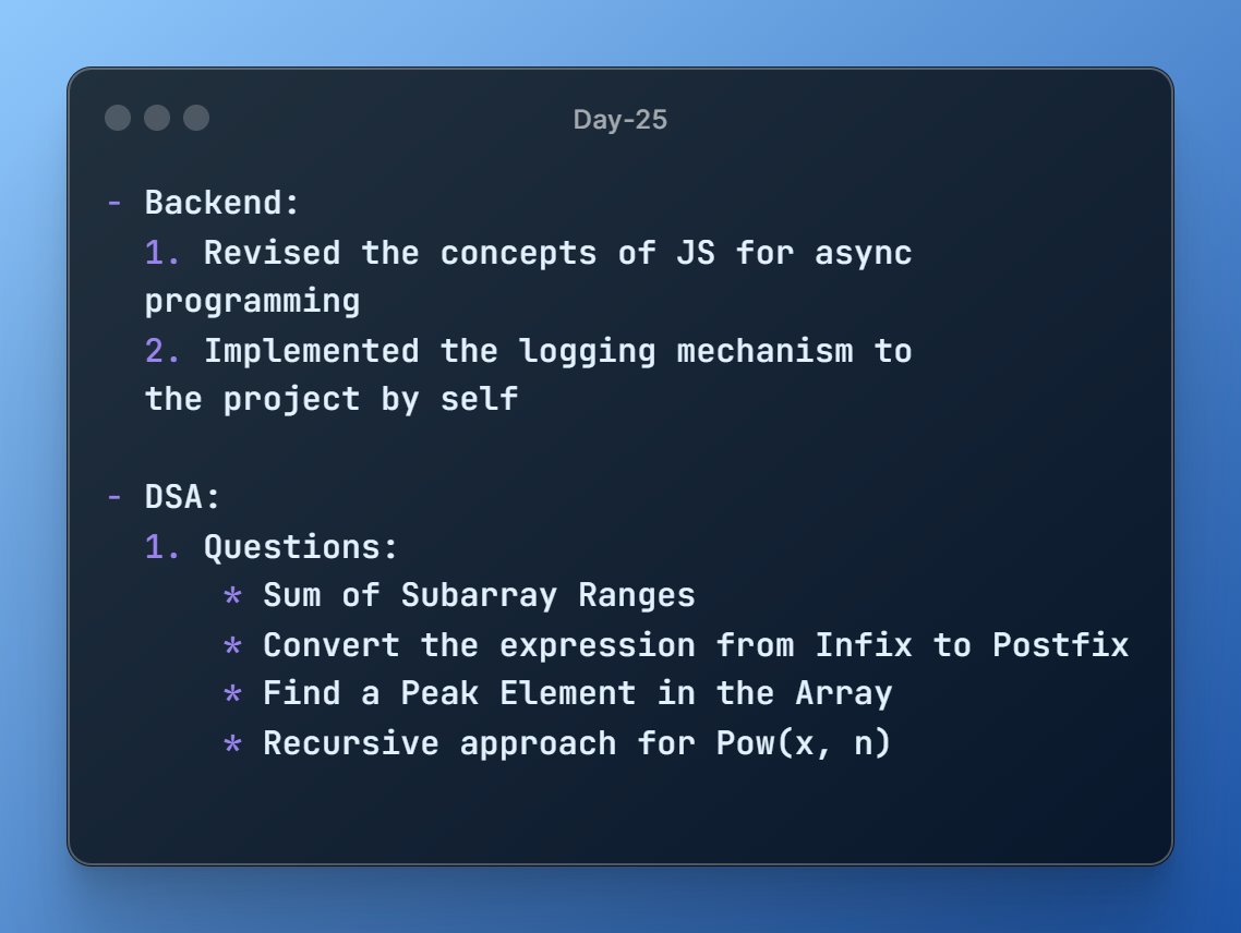 ss_21_'s tweet photo. Day-25 of #50DaysofConsistency

- Implemented the Logging mechanism for the project by myself using the winston npm package
- No frontend learnt today
- Spent alot of time on DSA today. Banged my head solving a test case for 1st problem. Did variety of concepts!
#dsa #dev #tech https://t.co/95a4dVMO85