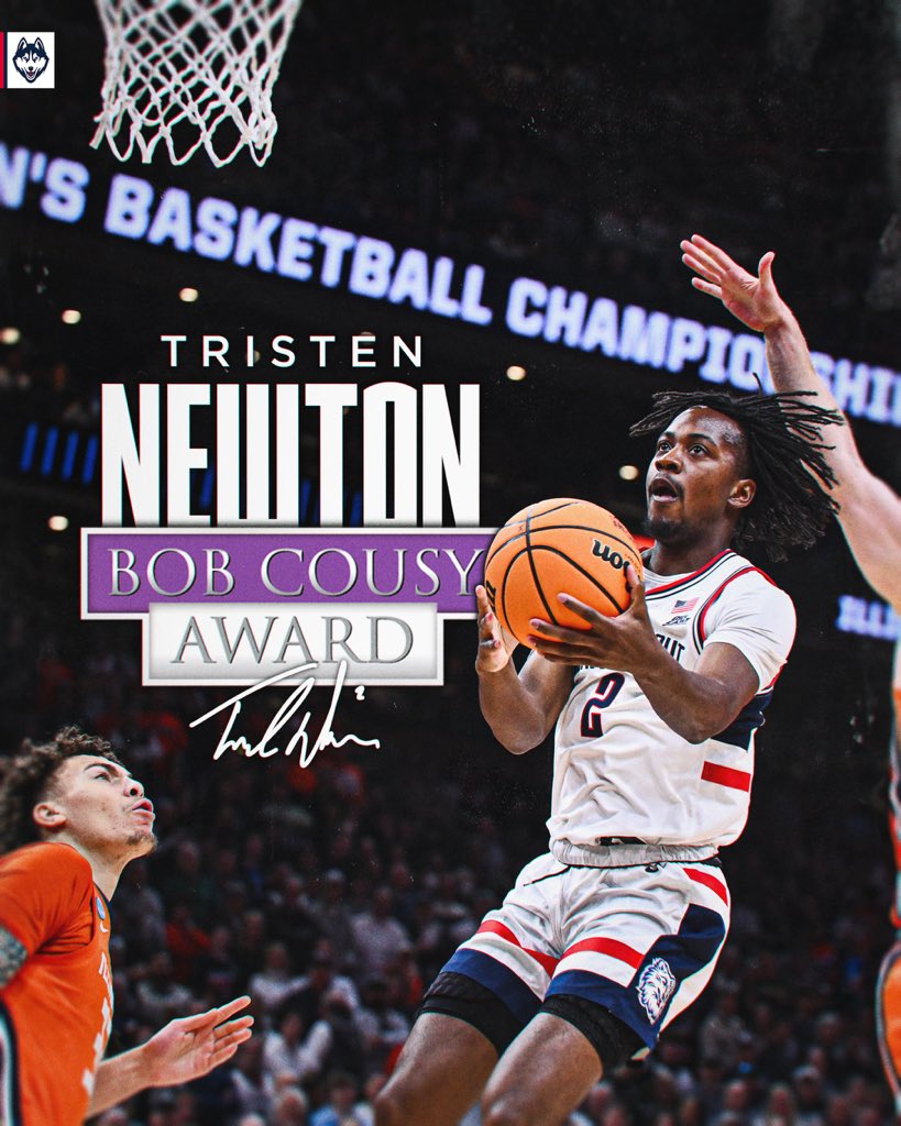 Tristen Newton wins the 2024 @hoophallu Bob Cousy Award, given each year to the top point guard in college basketball. He joins Kemba Walker (2011) and Shabazz Napier (2014) as the only other Huskies with this distinction.