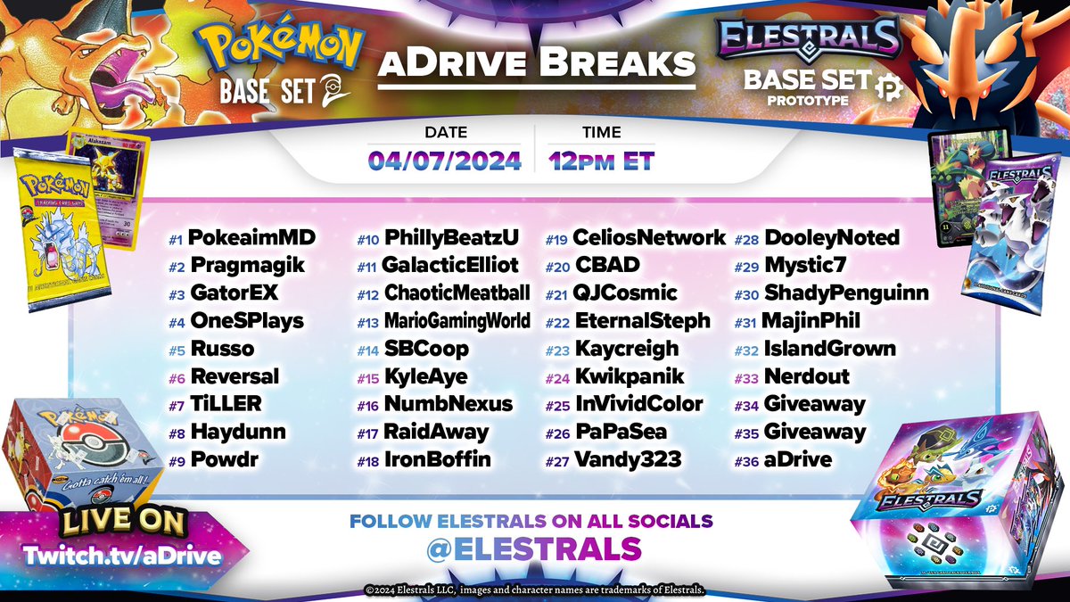 💫Super excited for tomorrow’s break! Each creator gets 1 pack from: - Pokemon Base Set 2 Box - @Elestrals Prototype Box Will be a ton of fun! 👀Make sure you tune in at 12pm ET on Twitch.tv/aDrive