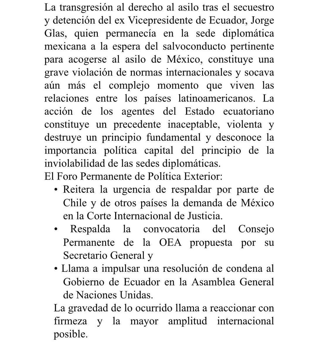 Comparto Declaración del FORO Permanente de Política Exterior, ante la grave violación al Derecho Internacional en la Embajada de México en Ecuador, por parte de las fuerzas policiales ecuatorianas.