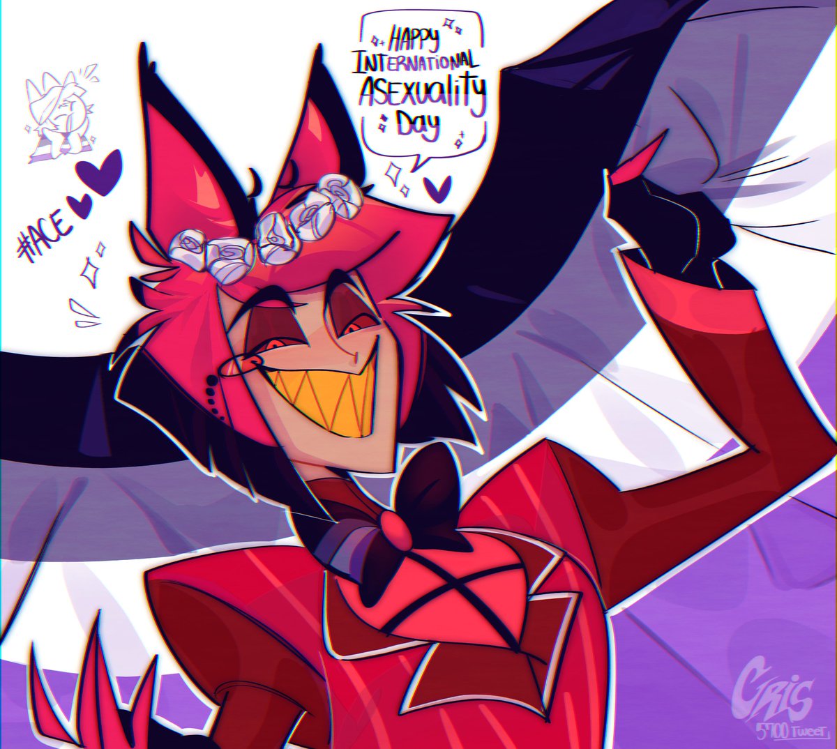 Today is ! 🖤🤍💜#InternationalAsexualityDay 
I am proud to be #asexuality 
just like my dear #Alastor 
Don't be ashamed of being what you are!! 🫶✨!!
#HazbinHotelFanart #HazbinHotelAlastor #AceAlastorWeek2024