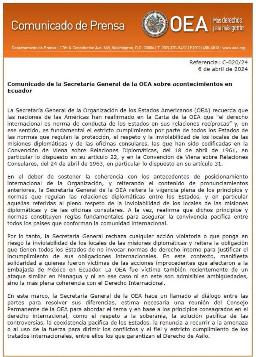 ArozenaAR's tweet image. La Organización de #EstadosAmericanos rechaza la irrupción de #Ecuador 🇪🇨 en la #EmbajadadeMéxico 🇲🇽 y convoca a reunión del Consejo Permanente