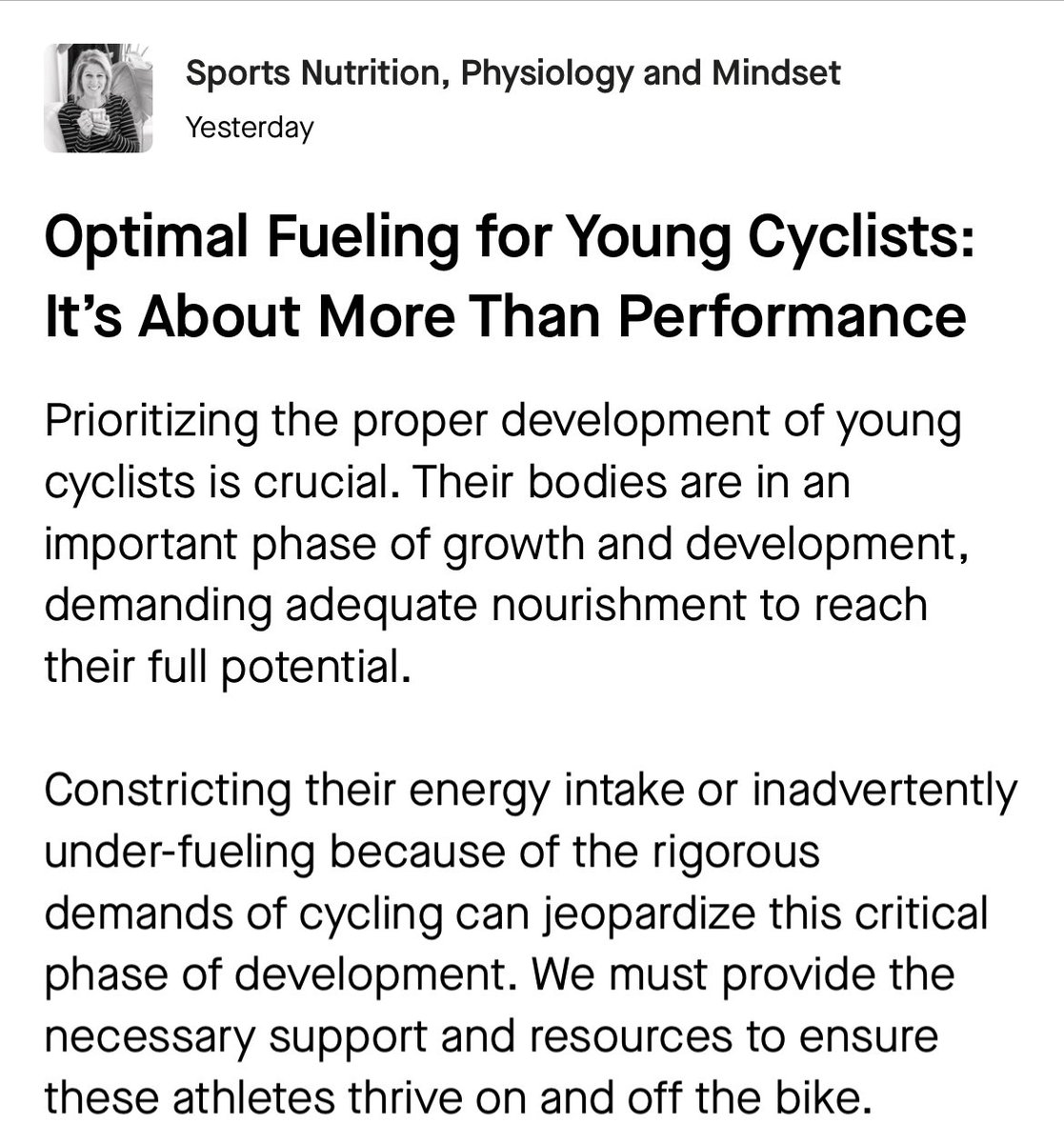 Young developing cyclists need optimal energy, and it goes beyond performance. Click the link to read my post on @Strava today. #cycling #sportsnutrition strava.app.link/VMw1mThcAIb
