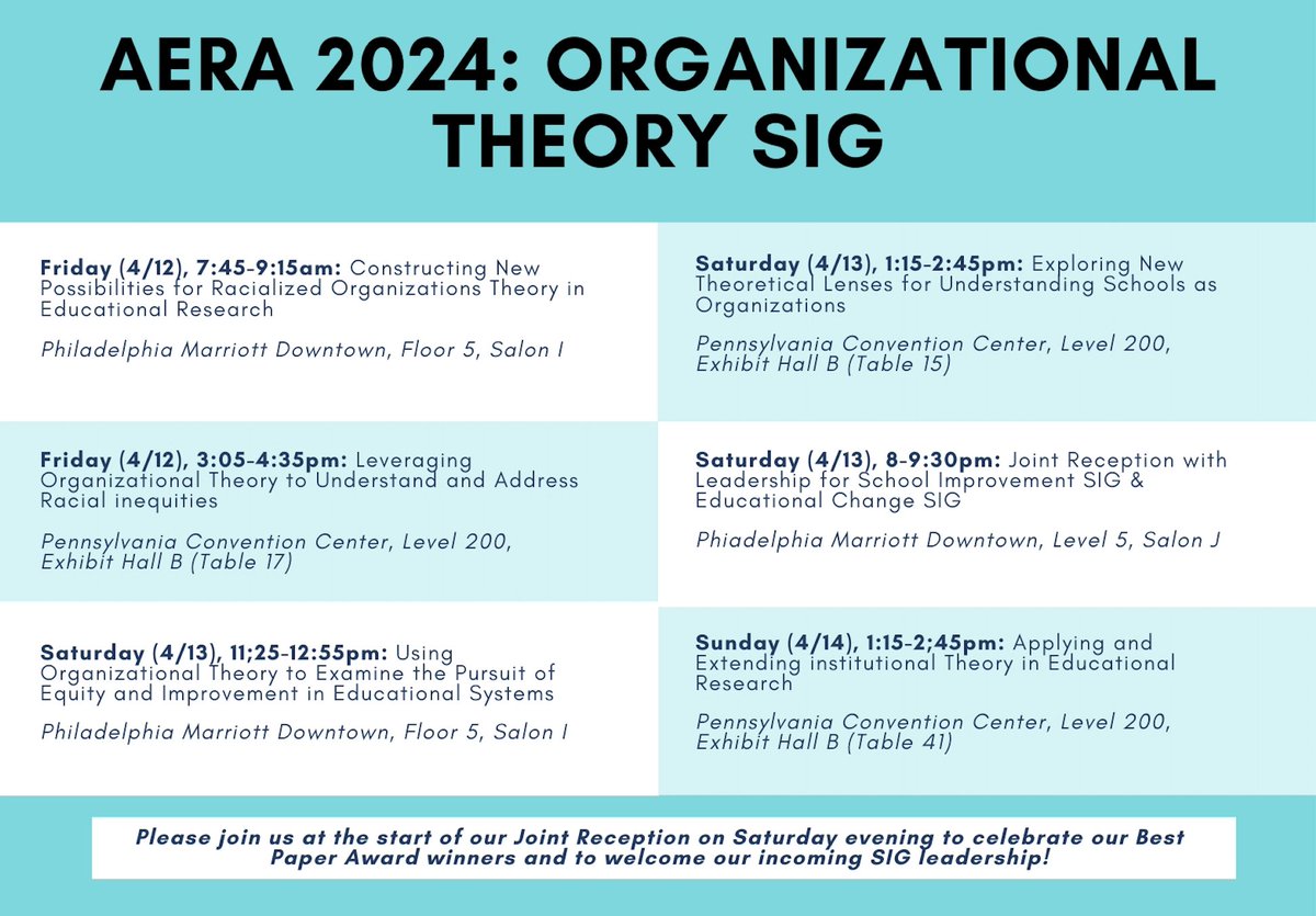 We are less than a week out to #AERA24 and have a full slate of organizatioanl theory sessions on deck! Check out our sessions below and be sure to add our sessions to your calendar! ⬇️ See here for the full details of each session: bit.ly/aera24otsig