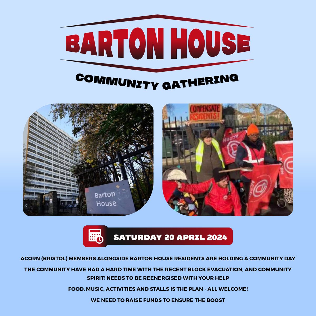 Please follow @AcornWesley

Barton House Community Gathering  
Saturday 20 April

Fundraiser here: gofund.me/1c86ae99 

#communityPOWER #pleaseSHARE #pleaseATTEND #pleaseDONATE #BatonHouse #Solidarity 
If you aren’t able to fundraise donate, please still  come along and show