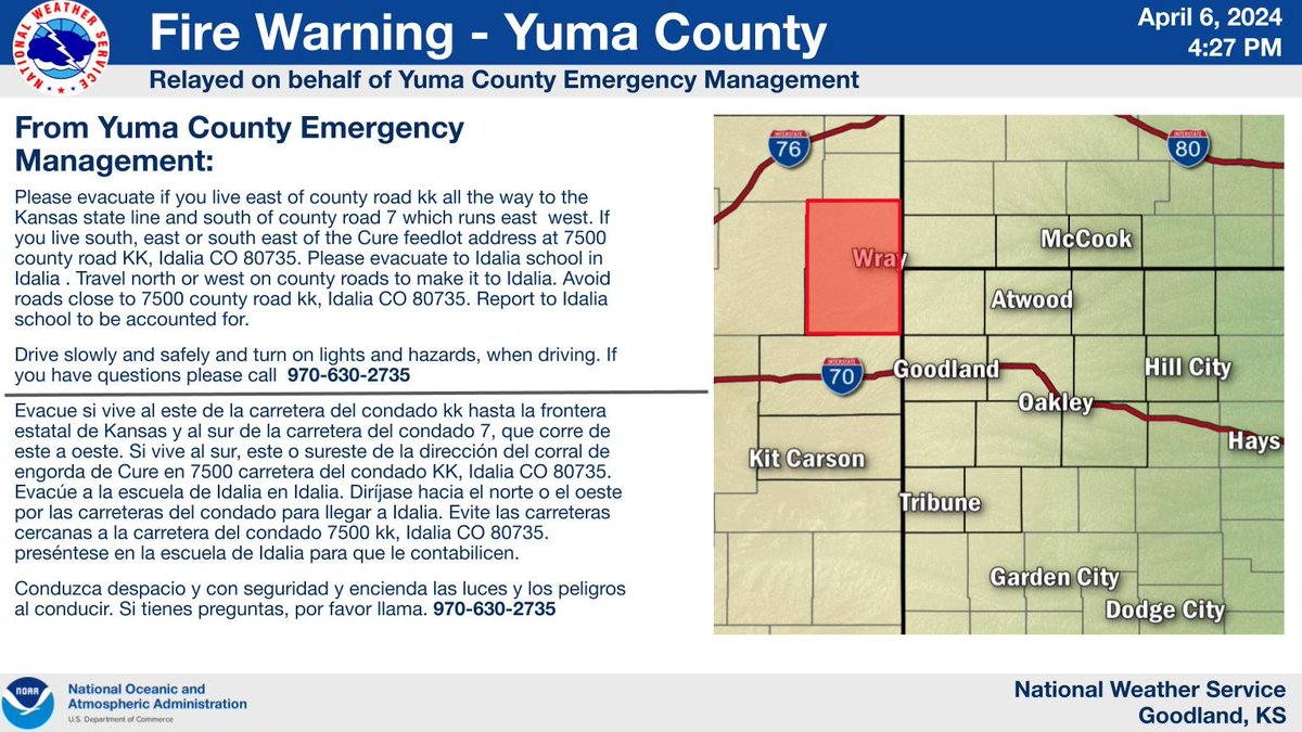#COWX A fire warning is in effect for Yuma county due to a large wildfire. Please heed all evacuation instructions by the authorities in the area