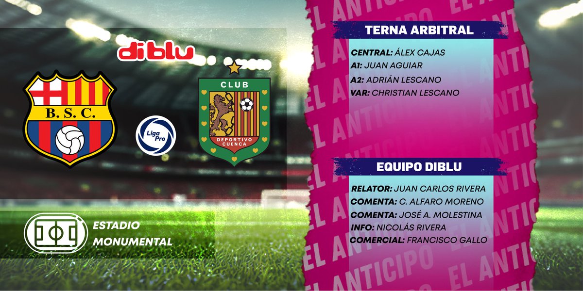 🔥 ¡NOS VAMOS A GUAYAQUIL! 🎙️ @RiveraJuanca 🎙️ @AlfaroMoreno 🎙️ @jamolestina 🎙️ @nicorivera05 🎙️ @fgallopancho 🟡 @BarcelonaSC 🆚 @DCuencaOficial 🟠 🏆 @LigaProEC 🗓️ Fecha 7 - Fase 1 🏟️ Monumental ⏰ 18H00 👉🏻 Disfrútalo por diblu.ec