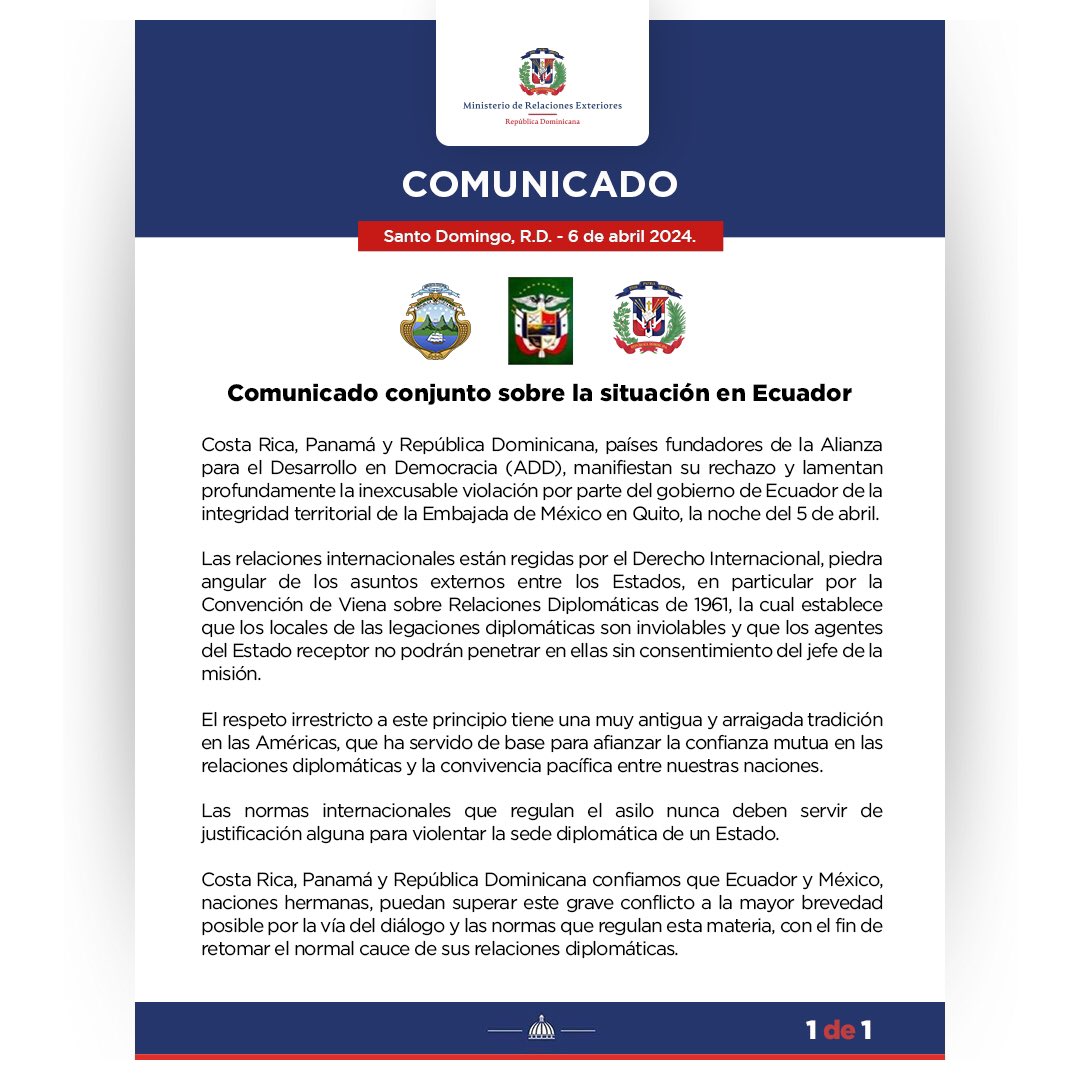 Comunicado conjunto sobre la situación en Ecuador.

📲mirex.gob.do/comunicado-con…