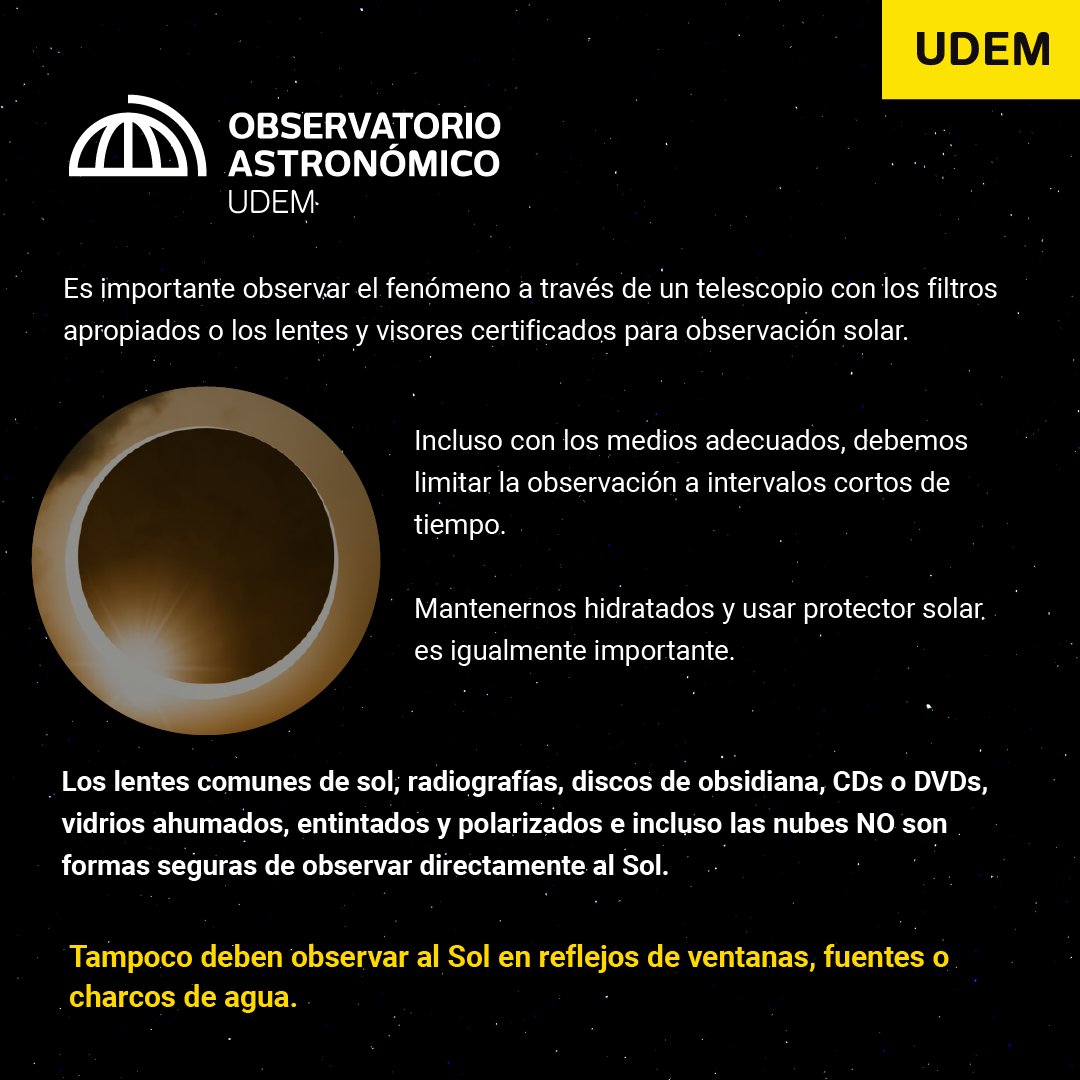 ☀️ ¡Prepárate para ver el eclipse este 8 de abril de forma segura! Cuida tus ojos utilizando lentes de eclipse certificados, observa por intervalos cortos de tiempo, protege tu piel y evita mirar directamente al sol. ⬇️