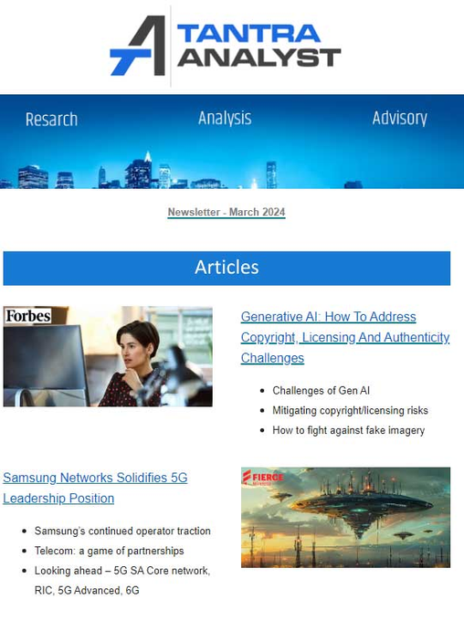 Our Mar 24 #Newsletter is here

bit.ly/ta-newsletters  

 Incl. #articles-#GenAI #copyright/#Licensing & #deepfake challenges (@Fornes), @SamsungNetworks #5G #leadership, #TantrasMantra #podcast w/@bobodtech on @intel #FOUNDRY biz, #5gadvanced/#6G w/@JohnEdwardSmee of @Qualcomm