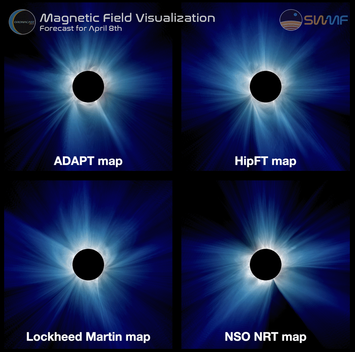 NSO provides data for modeling the solar corona during the eclipse using  the Alfven Wave Solar atmosphere Model by the U. of Michigan. The prediction based on the near-real time synoptic maps created by NSO's team using NSO's algorithm can be found here: clasp.engin.umich.edu/solar-eclipse-…