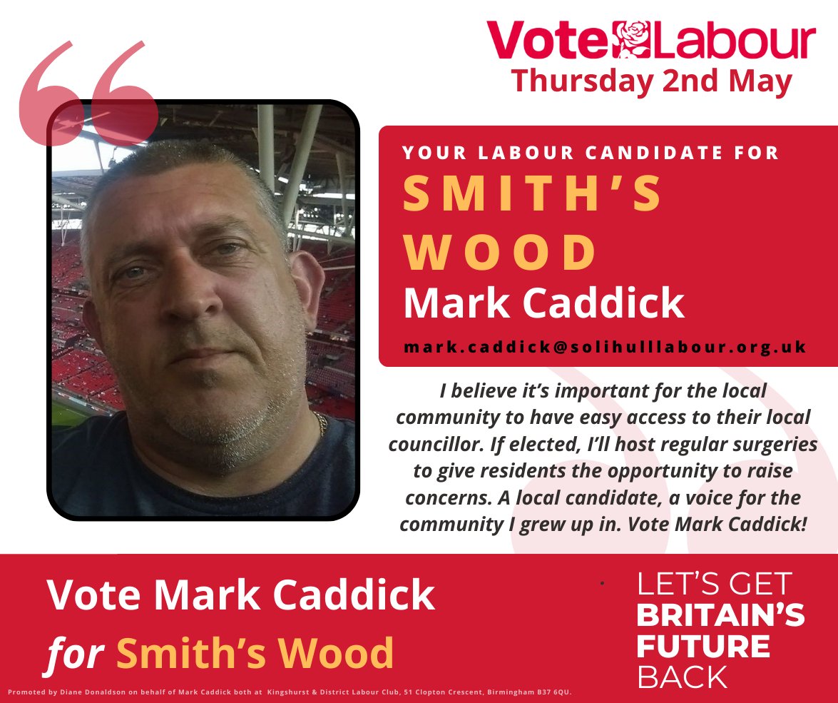 Introducing your Labour candidate for Smith's Wood, Mark Caddick! 🌹

Vote Labour on Thursday 2nd May 🗳

#LocalElections2024 #VoteLabour #UKlabour #smithswood #solihull #meriden #meridenandsolihulleast #northsolihull