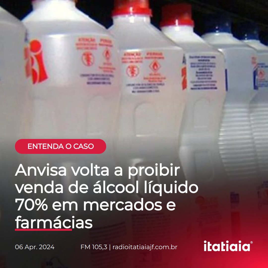 ItatiaiaJF's tweet image. 📲 Saiba mais em radioitatiaiajf.com.br
📷 Reprodução/ Anvisa

#itatiaia #itasat #alcool70 #alcoolliquido #proibicao #anvisa #venda