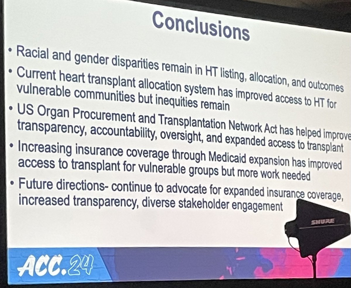Important talk on the role of health policy in advancing equitable organ allocation by @BryanSmithMD at #ACC24! Great session on the current future state of heart transplant moderated by @shelleyhallmd & @Nikhil15