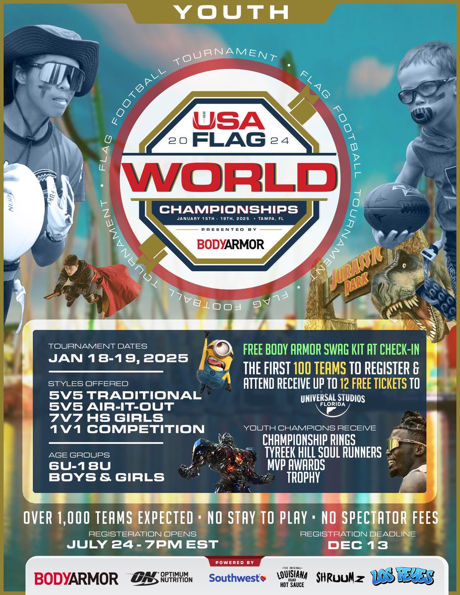 iFlagfb's tweet photo. The 2025 Youth Flag Football World Championship are going to be insane!!! Youth boys and girls 1v1, 5v5 and 6v6 divisions will be offered! The first (100) teams to register with their $50 deposit on July 24th at 7pm EST will receive FREE tickets to Universal Studios

Registration Opens Wednesday July 24th at 7pm EST. You can register your team(s) with a $50 deposit! We are expecting 1,200+ teams for this event. #flagfootball #usaflag #final4
