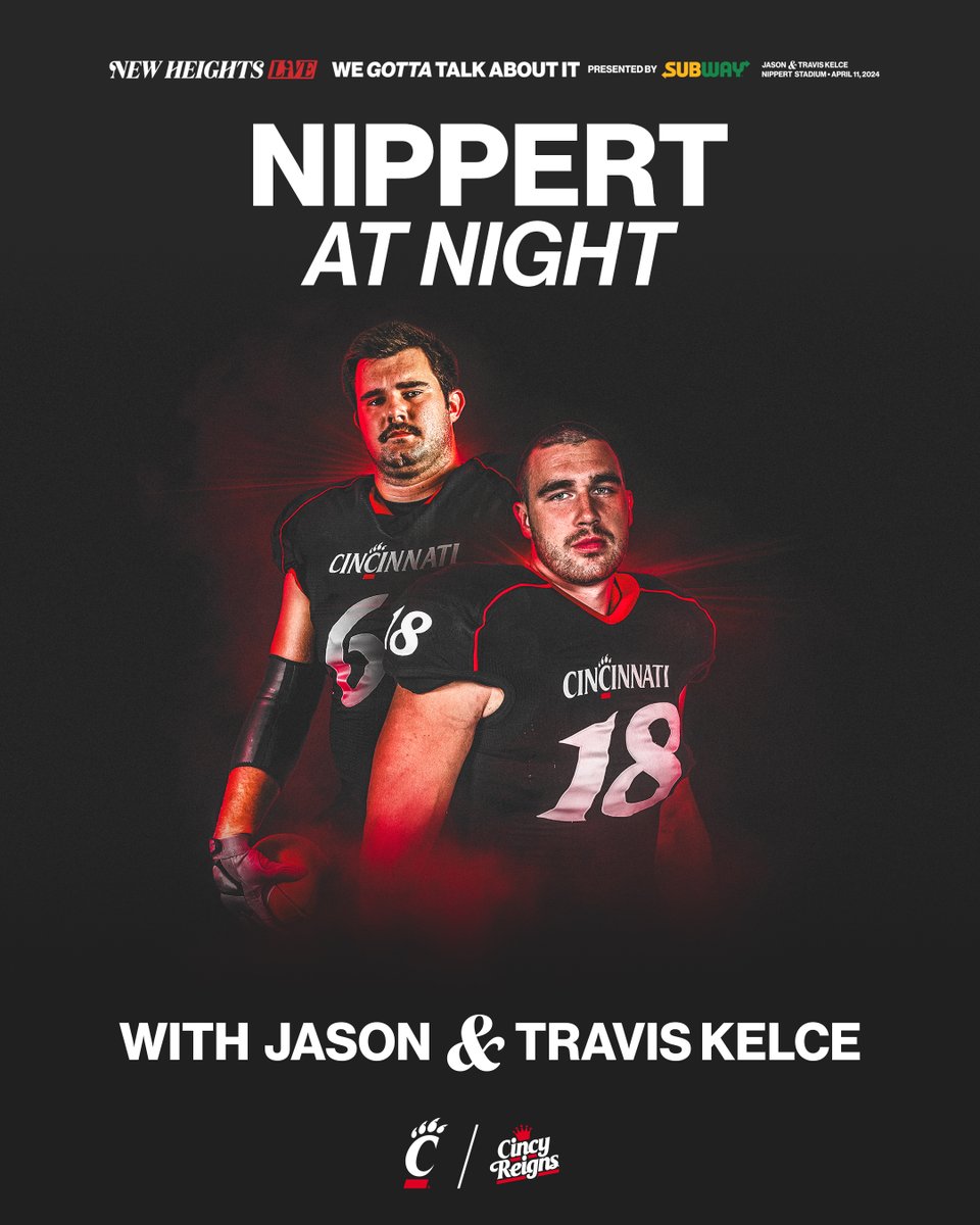 For the first time since 2012: A Kelce Nippert at Night. 🏟️ See you Thursday when @newheightshow hits campus in support of @CincyReigns! 🎟️: gobearcats.com/newheights