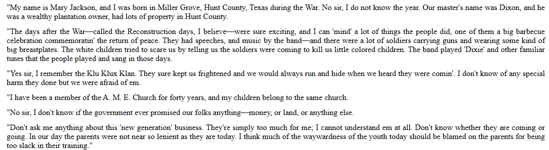 Mary Jackson, 75, of Russellville, AR tells us about the end of the war and afterwards, and says they were scared of the KKK. #BlackHistory