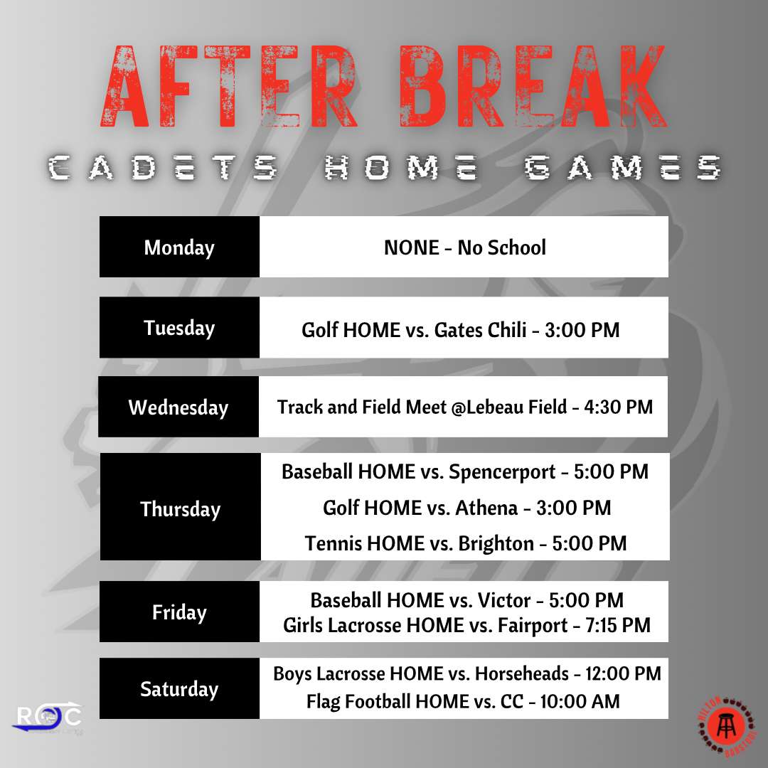 An action packed week coming up for the Cadets when we return from break 🔴⚫ This week features the home opener for baseball at the Schwonke⚾ as well as the home opener for boys lacrosse. With the weather getting warmer make sure to come out and support your Cadets #rollcadets