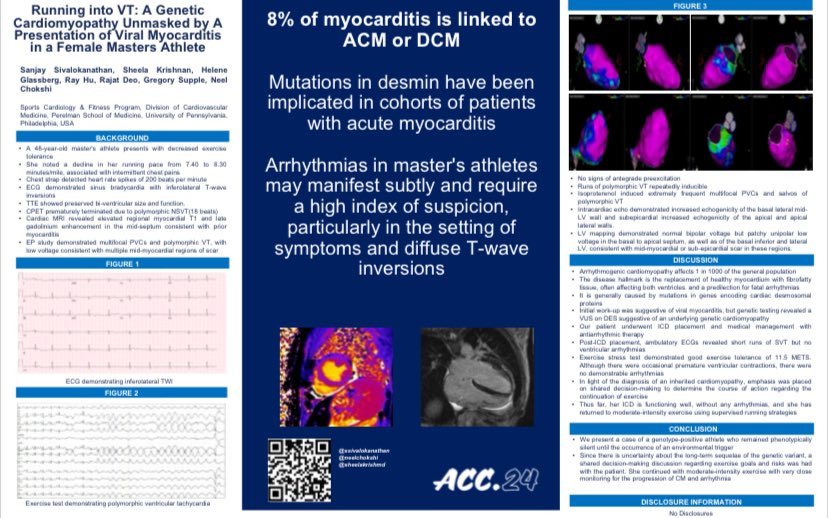 Great presenting a case of VT in a Master’s Athlete at #ACC24. Is it myocarditis or a hidden genetic cardiomyopathy? Thank you @neelchokshi & @sheelakrishmd 
#sportscardiology #whycmr