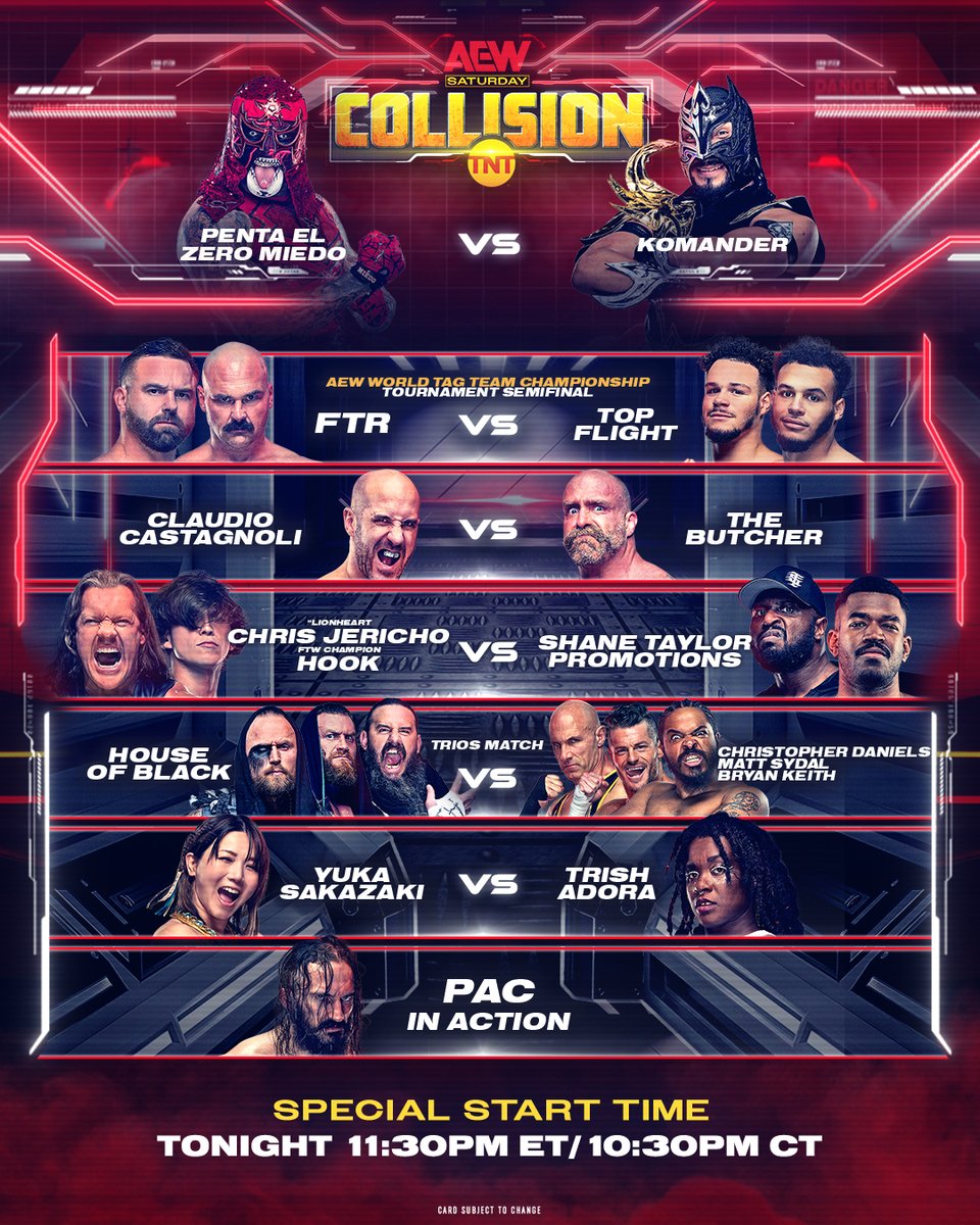 We have a special start time for #AEWCollision tonight! Tune in right after NCAA Basketball on TNT at 11:30 ET/10:30 CT for all this wrestling action!