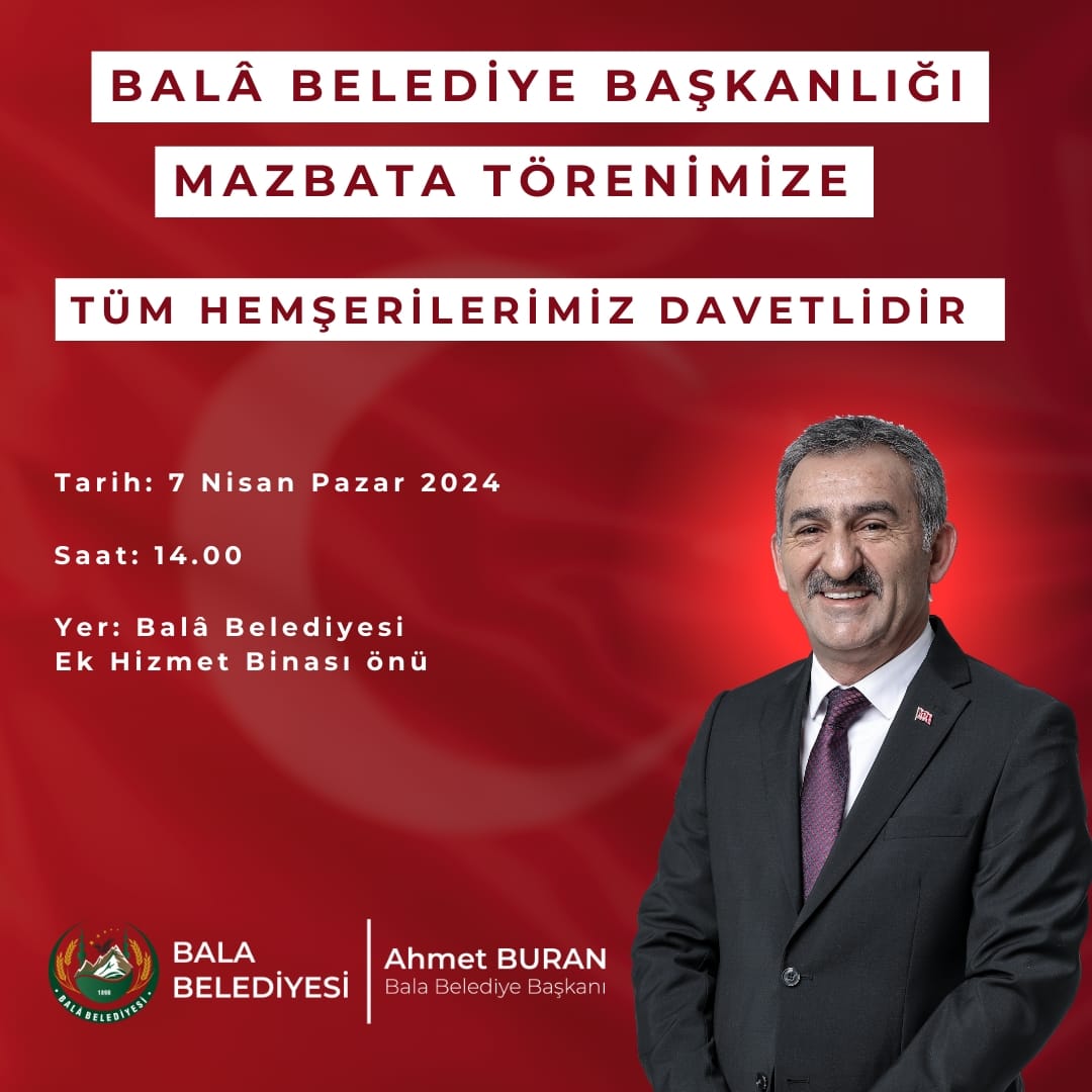 Kıymetli hemşehrilerim, yarın saat 14.00'te Belediye ek hizmet binamızın önünde Balâ Belediye Başkanlığı mazbata törenimiz vardır. Tüm hemşerilerimiz davetlidir. 

Tarih: 7 Nisan Pazar 
 Saat :14.00 
Yer: Bala Belediyesi Ek Hizmet Binası Önü

<a href="/akpartibala/">AK Parti Bala</a>
<a href="/Evrendlkrn/">Evren DALKIRAN 🇹🇷</a>