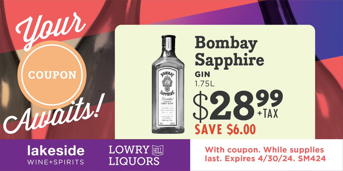 lakesidewines's tweet image. Save $6.00 on @bombaysapphireus 1.75L bottles throughout the month of April with this virtual coupon while supplies last! 

#bombaysapphire #bombaygin #gincocktails #craftgin #april #cheers