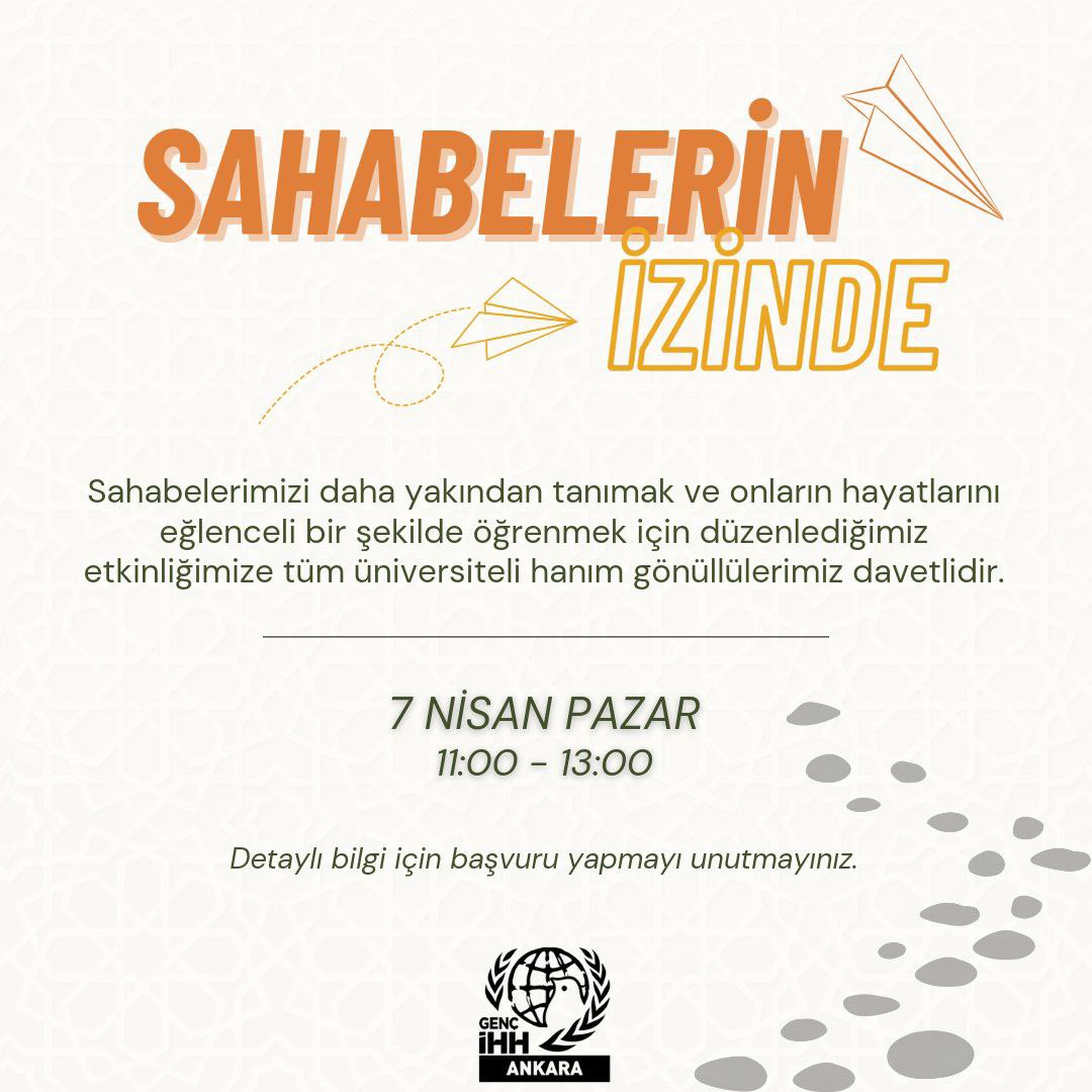 Sahabelerimizi daha yakından tanımak ve onların hayatlarını eğlenceli bir şekilde öğrenmek için düzenlediğimiz etkinliğimize tüm üniversiteli hanım gönüllülerimiz davetlidir. 📆7 Nisan Pazar ⏰11:00 - 13:00 📌 Başvuru için lütfen biyografideki formu doldurunuz.