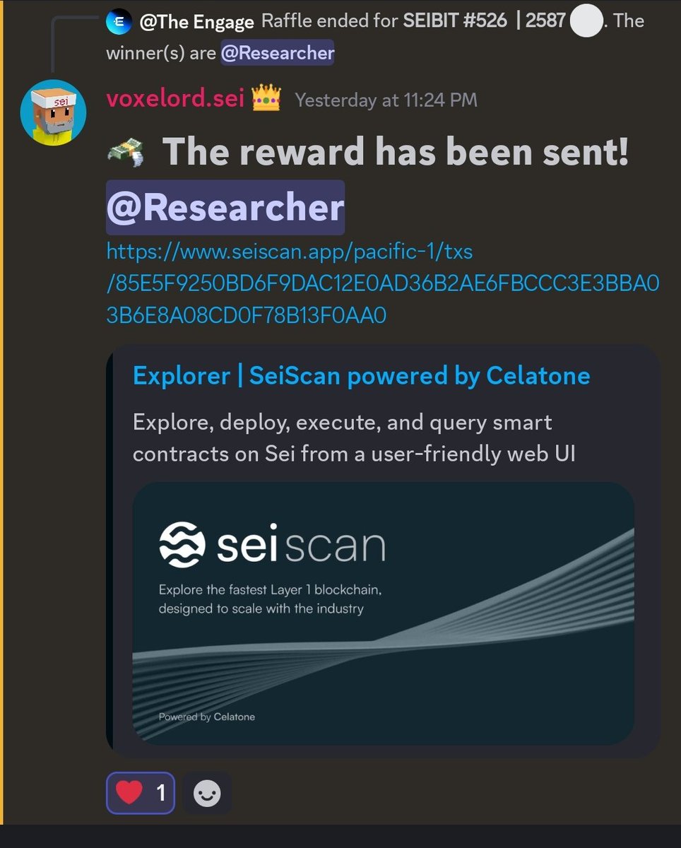 Thank you @SeiBitsNFT  @voxelordsei 

I won free SEIBIT raffle.

<a href="/everyone/">Everyone</a>